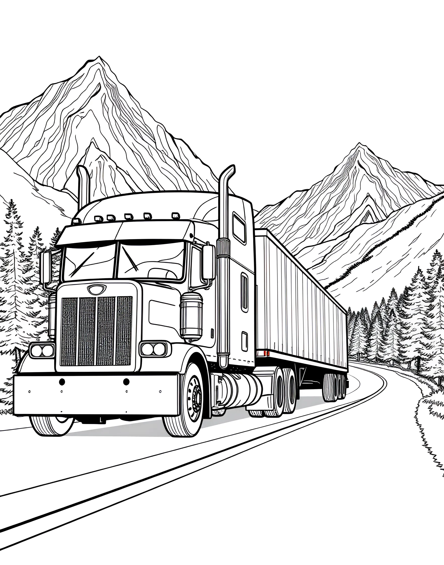 Big Rig on the Highway Coloring Page -- prompt: "A semi-truck driving on a highway with mountains in the background." -- Hit the open road with this Big Rig on the Highway coloring page! The powerful semi-truck is shown cruising down a long stretch of highway, ready to deliver its important cargo. Kids can add their own touch to the truck's design and imagine the adventures of long-haul truckers as they color.