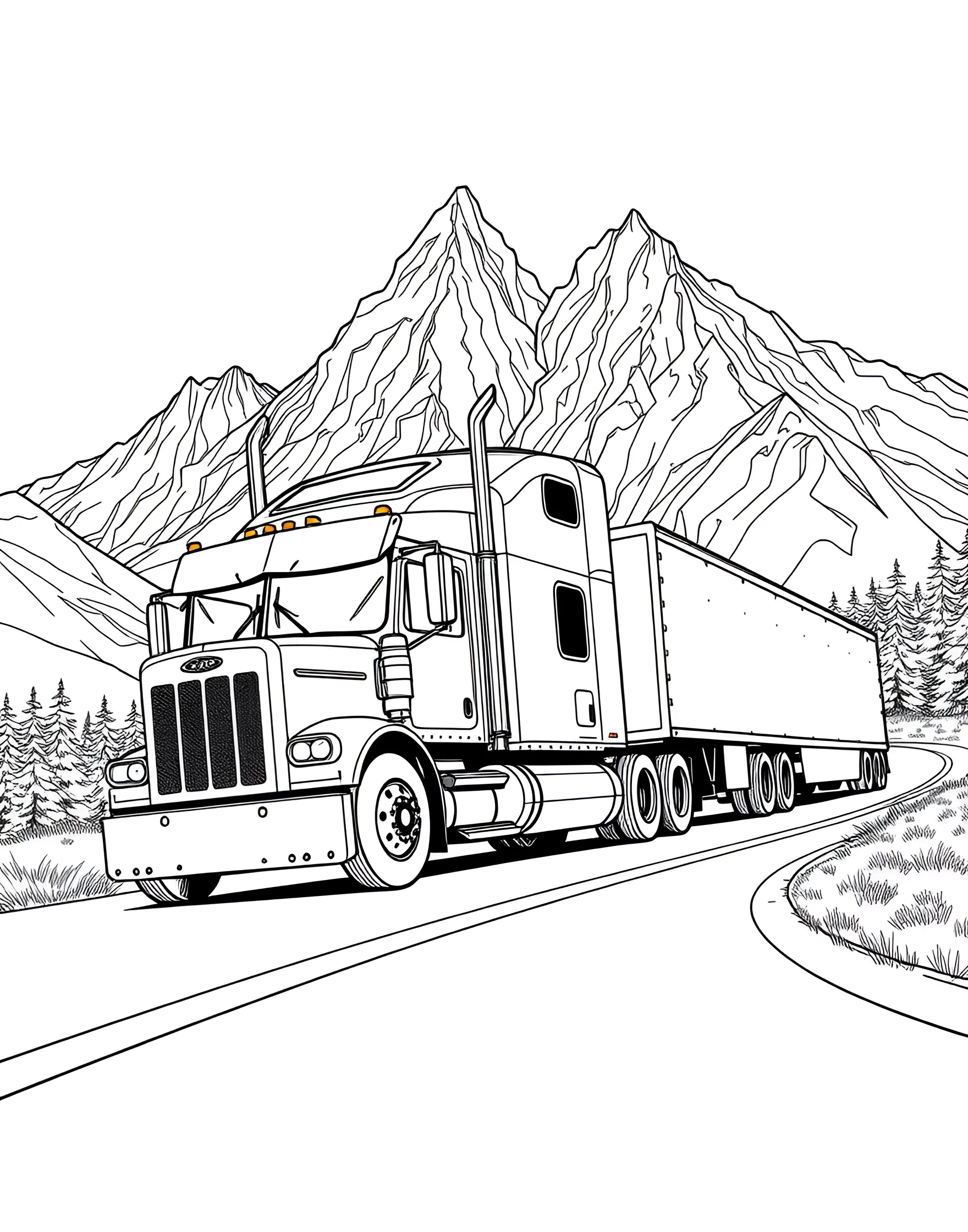 Big Rig on the Highway Coloring Page -- prompt: "A semi-truck driving on a highway with mountains in the background." -- Hit the open road with this Big Rig on the Highway coloring page! The powerful semi-truck is shown cruising down a long stretch of highway, ready to deliver its important cargo. Kids can add their own touch to the truck's design and imagine the adventures of long-haul truckers as they color.