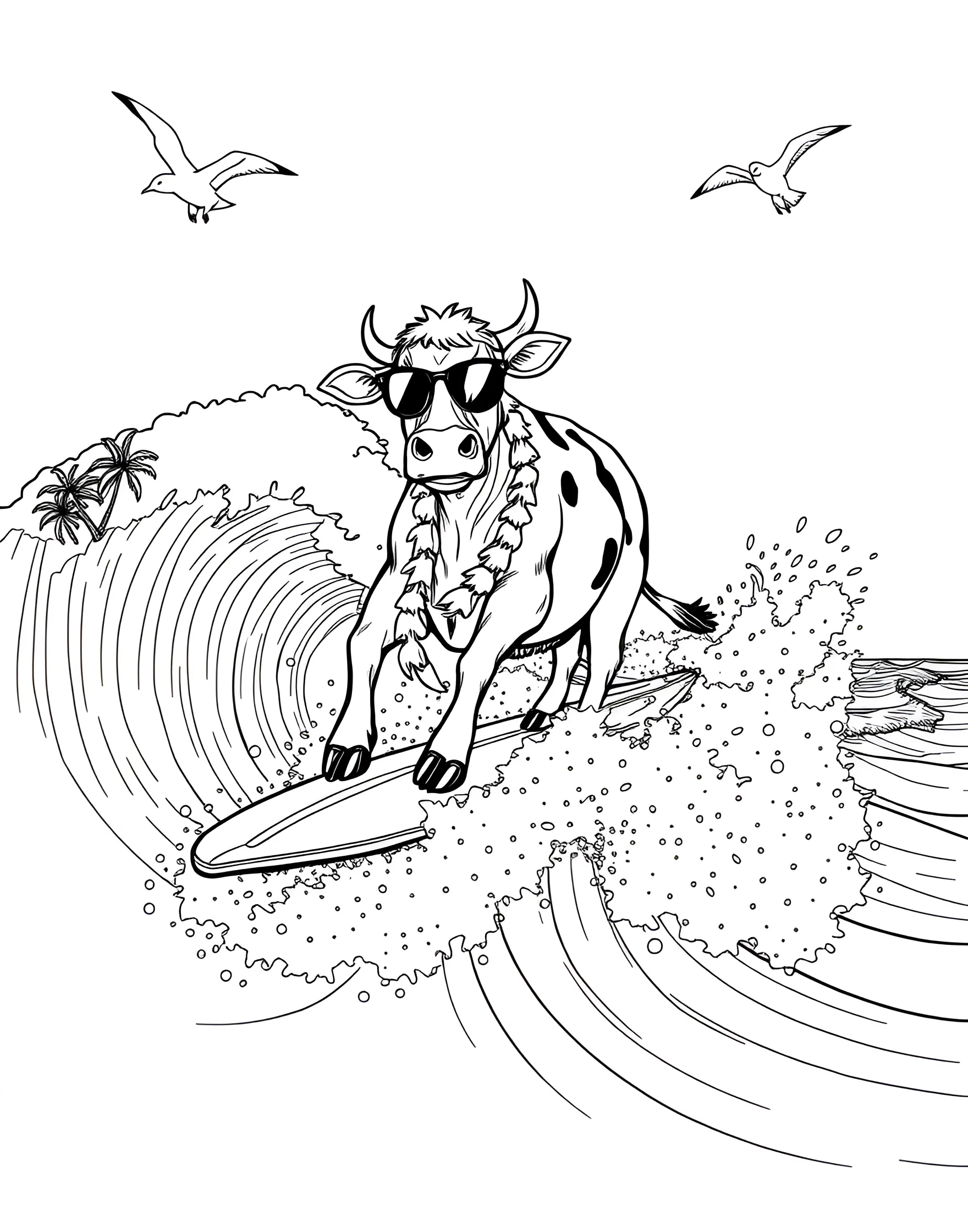 Cow Surfer Riding the Waves Coloring Page -- prompt: "A cow surfing on a big wave with a beach and palm trees in the background." -- Catch some gnarly waves with this cool cow surfer coloring page. The cow is pictured riding a surfboard on a big wave, with a beach and palm trees in the background. This page combines the fun of the beach with the excitement of extreme sports.