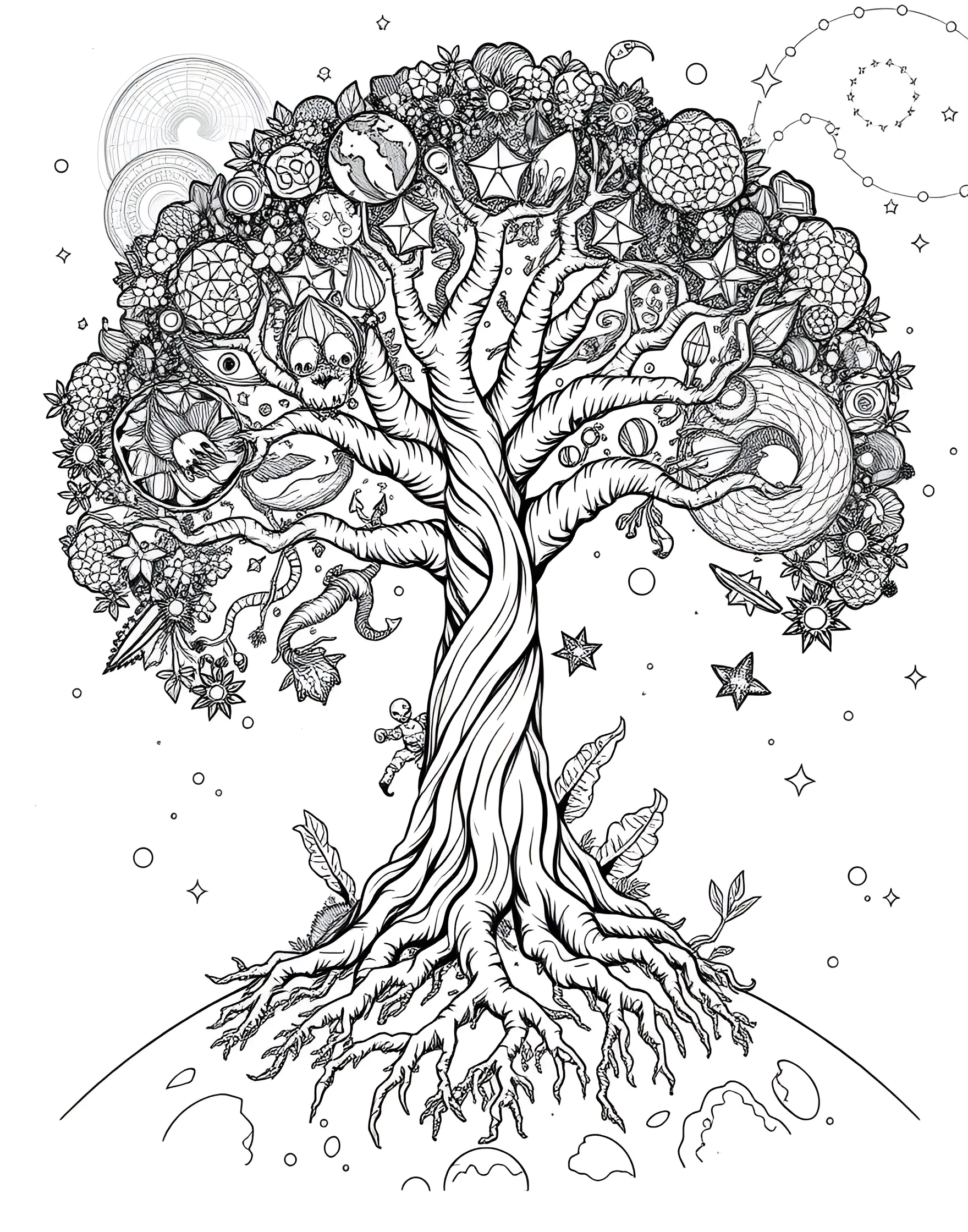 Interstellar Tree of Life Coloring Page -- prompt: "A cosmic tree of life with branches representing evolutionary paths, showcasing diverse alien and Earth species among its leaves." -- Explore the connection between all living things with this interstellar tree of life coloring page. The cosmic tree's branches represent different evolutionary paths across the galaxy, with diverse alien species and Earth life forms depicted among its leaves. This page encourages reflection on the unity and diversity of life in the universe.