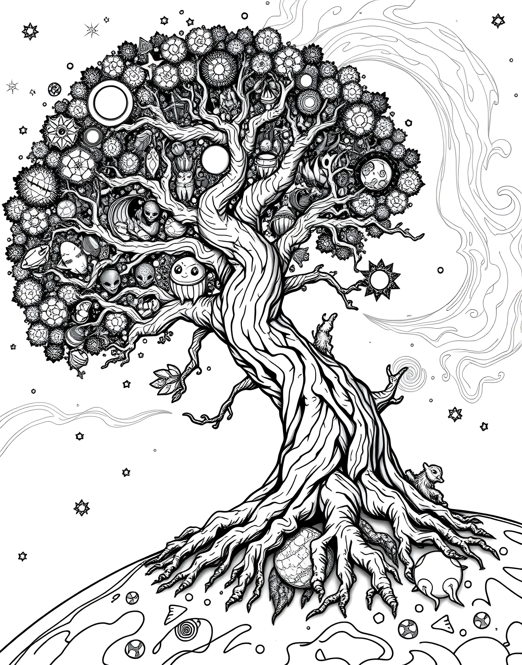 Interstellar Tree of Life Coloring Page -- prompt: "A cosmic tree of life with branches representing evolutionary paths, showcasing diverse alien and Earth species among its leaves." -- Explore the connection between all living things with this interstellar tree of life coloring page. The cosmic tree's branches represent different evolutionary paths across the galaxy, with diverse alien species and Earth life forms depicted among its leaves. This page encourages reflection on the unity and diversity of life in the universe.