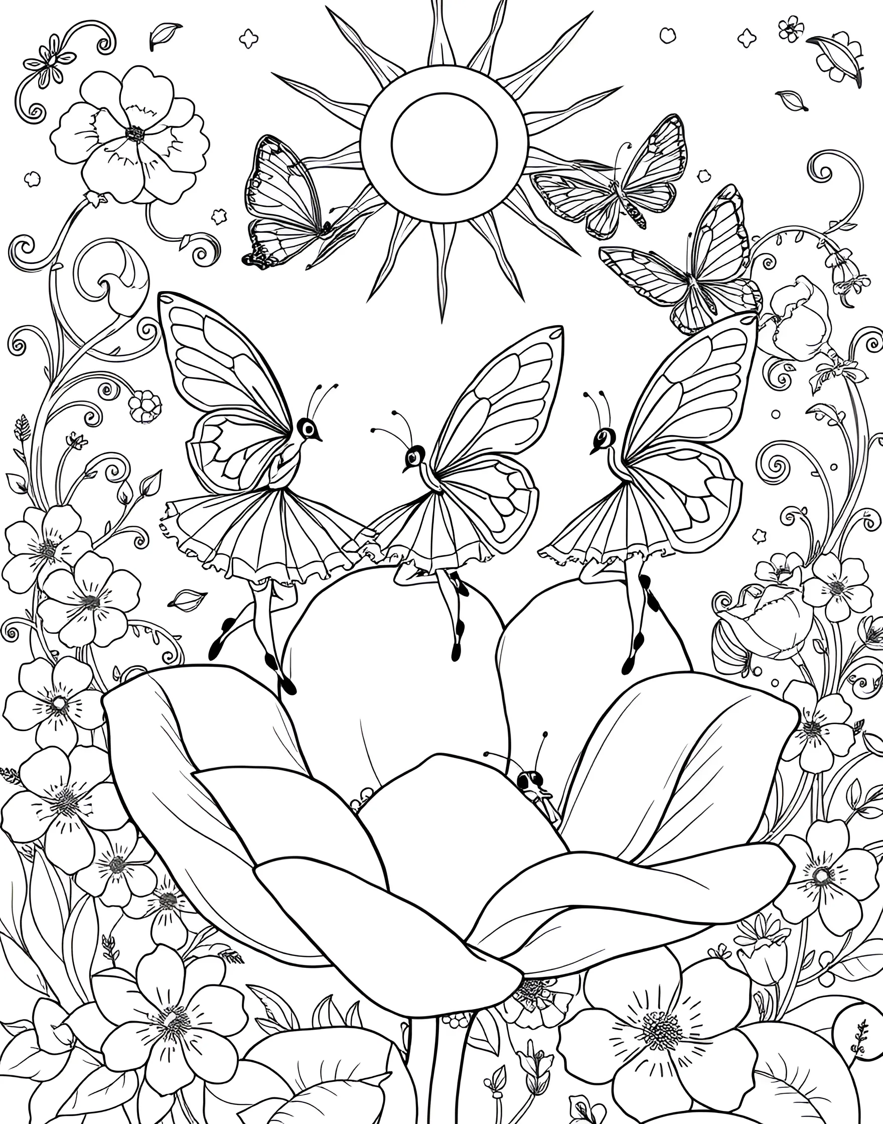 Butterfly's Flower Petal Ballet Coloring Page -- prompt: "Cute butterflies in tutus dancing ballet on flower petals in a sunny garden." -- Flutter into a world of delicate beauty with this enchanting coloring page showcasing butterflies performing a ballet on flower petals. The scene depicts butterflies in tutus dancing among blooming flowers, with dewdrops and sunbeams adding sparkle. It's a magical and cute celebration of nature's grace.