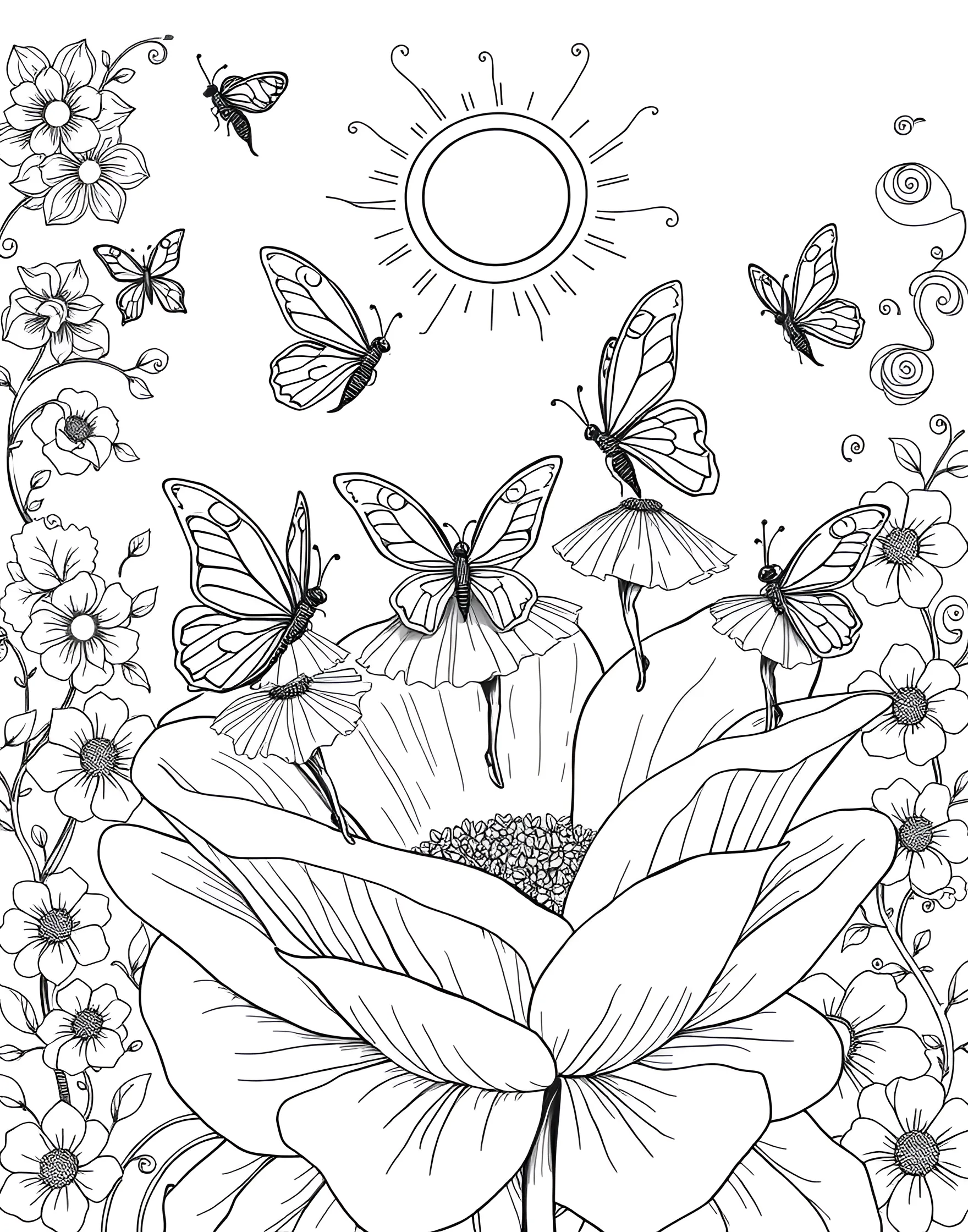 Butterfly's Flower Petal Ballet Coloring Page -- prompt: "Cute butterflies in tutus dancing ballet on flower petals in a sunny garden." -- Flutter into a world of delicate beauty with this enchanting coloring page showcasing butterflies performing a ballet on flower petals. The scene depicts butterflies in tutus dancing among blooming flowers, with dewdrops and sunbeams adding sparkle. It's a magical and cute celebration of nature's grace.