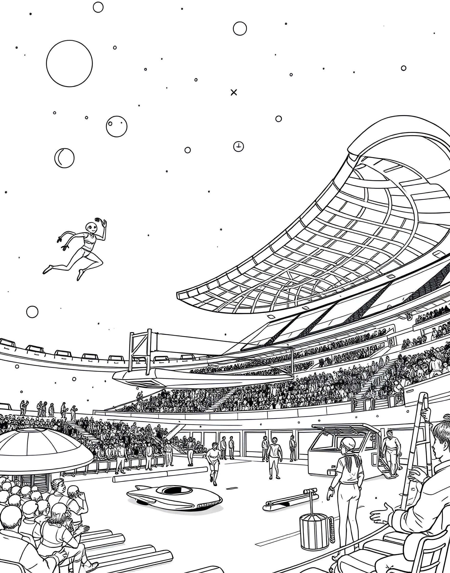 Space Olympics Competition Coloring Page -- prompt: "Athletes from different planets competing in various zero-gravity sports events in a space stadium." -- Imagine the future of sports with this space Olympics coloring page. The scene shows various athletic events adapted for zero-gravity, such as spacewalking races, asteroid boulder lifting, or zero-g gymnastics. Athletes from different planets compete in this cosmic sporting event, celebrating unity across the stars.