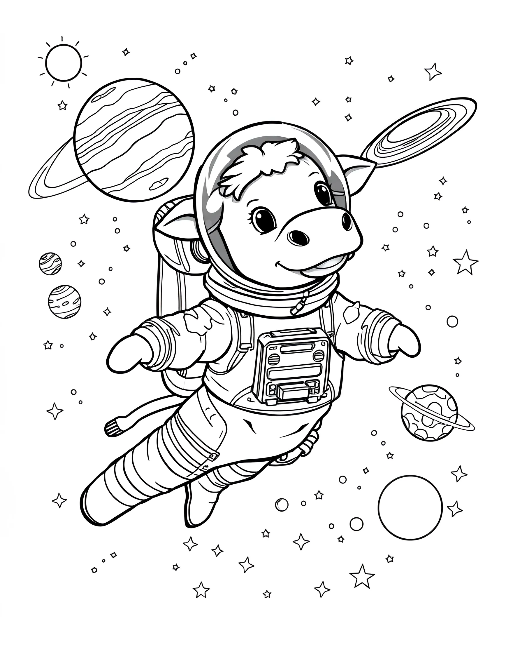 Cow Astronaut in Space Coloring Page -- prompt: "A cow dressed as an astronaut floating in space with planets and stars in the background." -- Blast off into imagination with this out-of-this-world cow astronaut coloring page. The scene depicts a brave bovine explorer floating in space, complete with a spacesuit and helmet. Stars, planets, and a distant Earth provide an exciting backdrop for creative coloring.