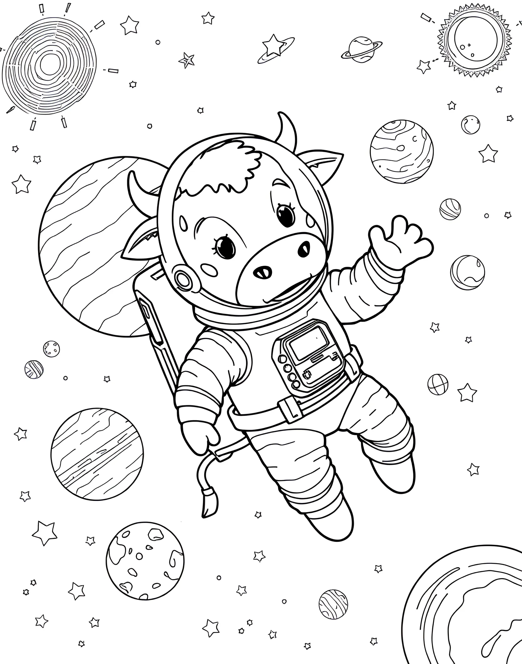 Cow Astronaut in Space Coloring Page -- prompt: "A cow dressed as an astronaut floating in space with planets and stars in the background." -- Blast off into imagination with this out-of-this-world cow astronaut coloring page. The scene depicts a brave bovine explorer floating in space, complete with a spacesuit and helmet. Stars, planets, and a distant Earth provide an exciting backdrop for creative coloring.