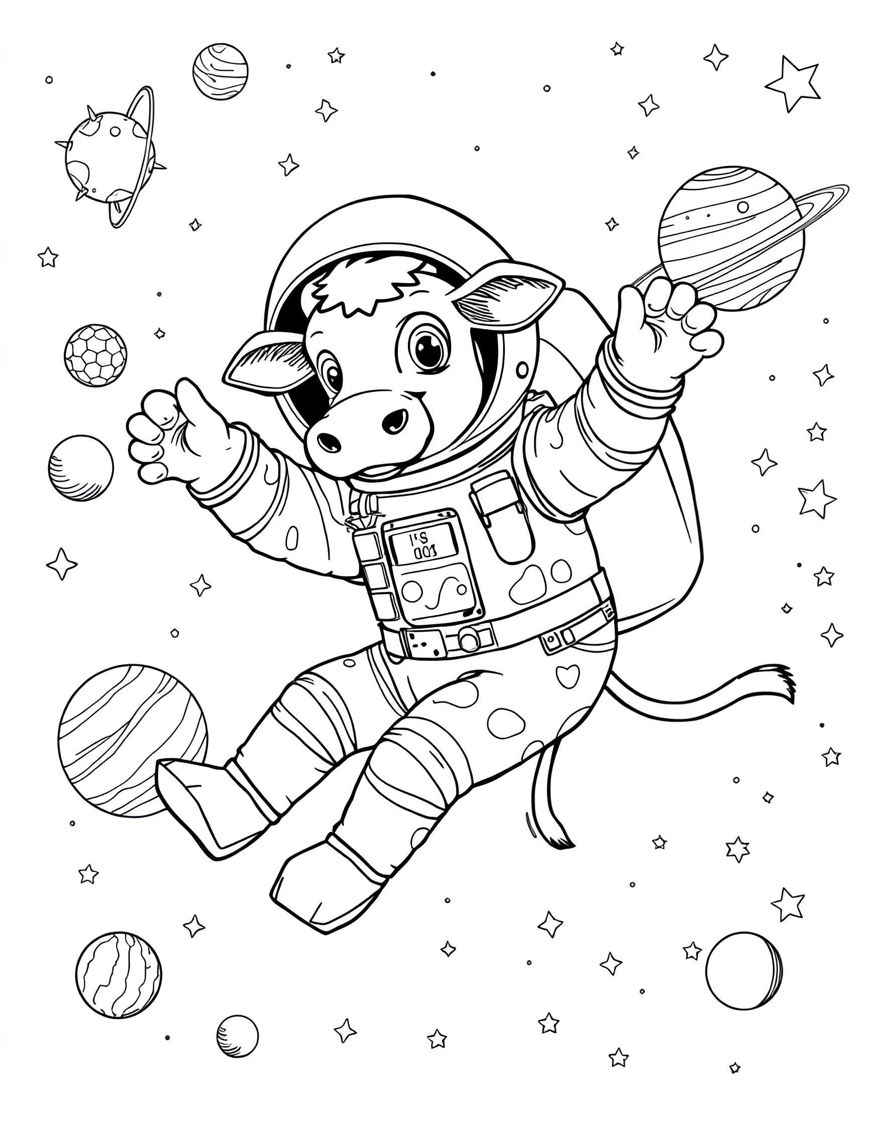 Cow Astronaut in Space Coloring Page -- prompt: "A cow dressed as an astronaut floating in space with planets and stars in the background." -- Blast off into imagination with this out-of-this-world cow astronaut coloring page. The scene depicts a brave bovine explorer floating in space, complete with a spacesuit and helmet. Stars, planets, and a distant Earth provide an exciting backdrop for creative coloring.