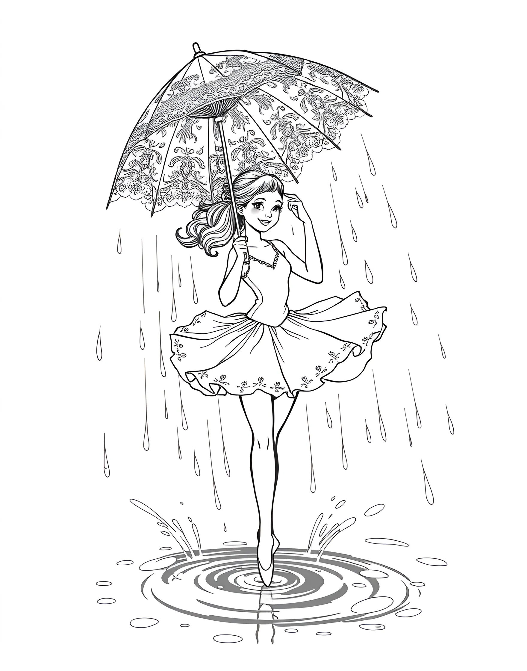 Ballerina in the Rain Coloring Page -- prompt: "A ballerina in a simple leotard and tutu, dancing joyfully in the rain with an umbrella, surrounded by puddles and raindrops." -- This whimsical coloring page shows a joyful ballerina dancing in the rain. Her playful pose and the falling raindrops create a sense of movement and spontaneity. It's a fun page that combines the grace of ballet with the carefree spirit of dancing in the rain.