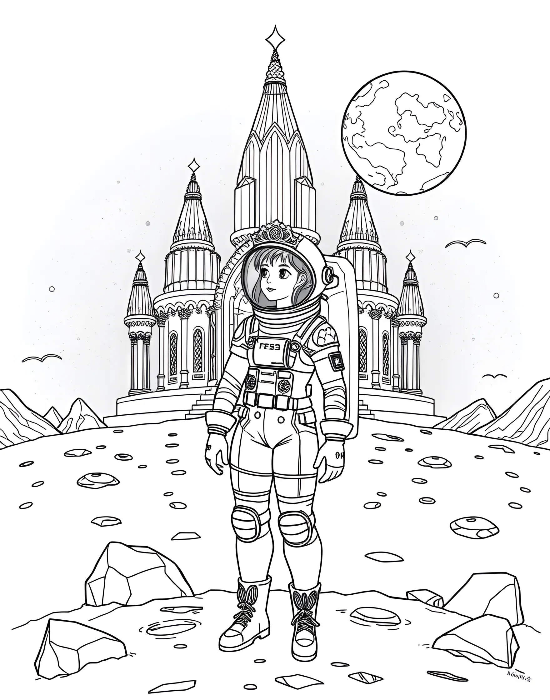 Princess Astronaut's Moon Palace Coloring Page -- prompt: "A princess astronaut in front of a crystal palace on the moon with the Earth visible in the sky." -- Blast off to a world where fairy tales meet science fiction in this unique coloring page. A princess astronaut stands proudly in front of her crystal moon palace, complete with rocket ship towers and star-shaped windows. The Earth hangs in the starry sky, while alien creatures bow before the space princess, combining royal elegance with cosmic adventure.