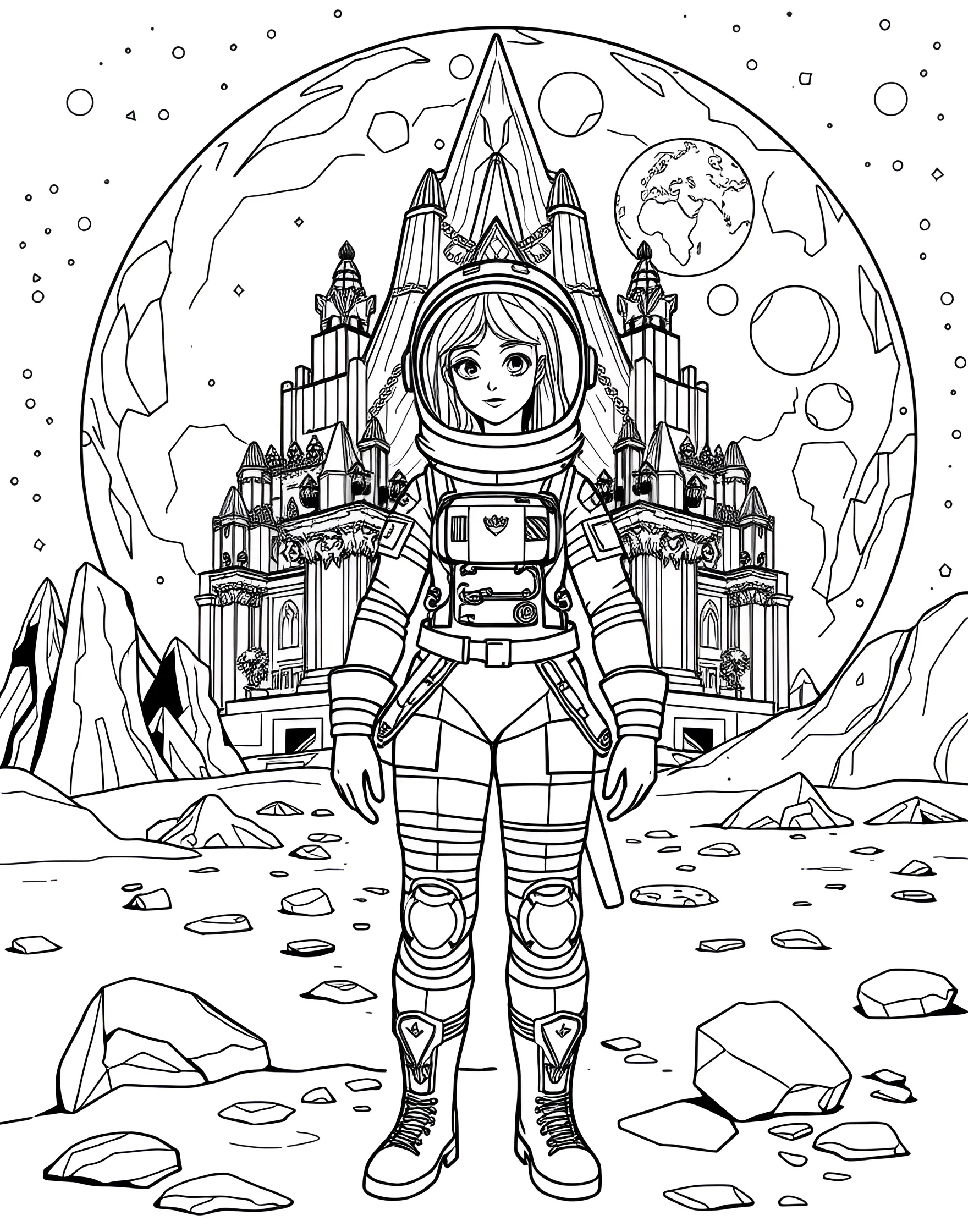 Princess Astronaut's Moon Palace Coloring Page -- prompt: "A princess astronaut in front of a crystal palace on the moon with the Earth visible in the sky." -- Blast off to a world where fairy tales meet science fiction in this unique coloring page. A princess astronaut stands proudly in front of her crystal moon palace, complete with rocket ship towers and star-shaped windows. The Earth hangs in the starry sky, while alien creatures bow before the space princess, combining royal elegance with cosmic adventure.