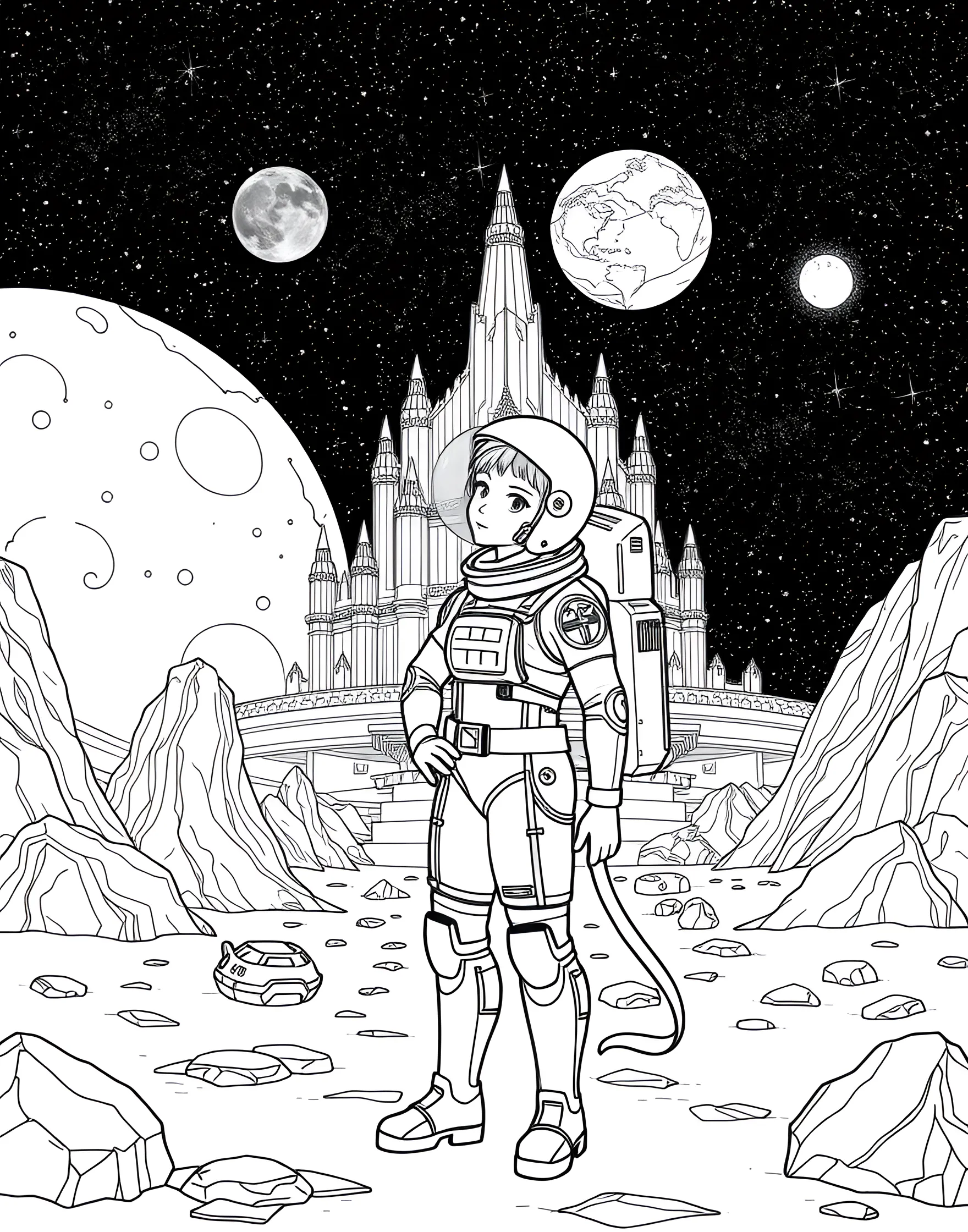 Princess Astronaut's Moon Palace Coloring Page -- prompt: "A princess astronaut in front of a crystal palace on the moon with the Earth visible in the sky." -- Blast off to a world where fairy tales meet science fiction in this unique coloring page. A princess astronaut stands proudly in front of her crystal moon palace, complete with rocket ship towers and star-shaped windows. The Earth hangs in the starry sky, while alien creatures bow before the space princess, combining royal elegance with cosmic adventure.