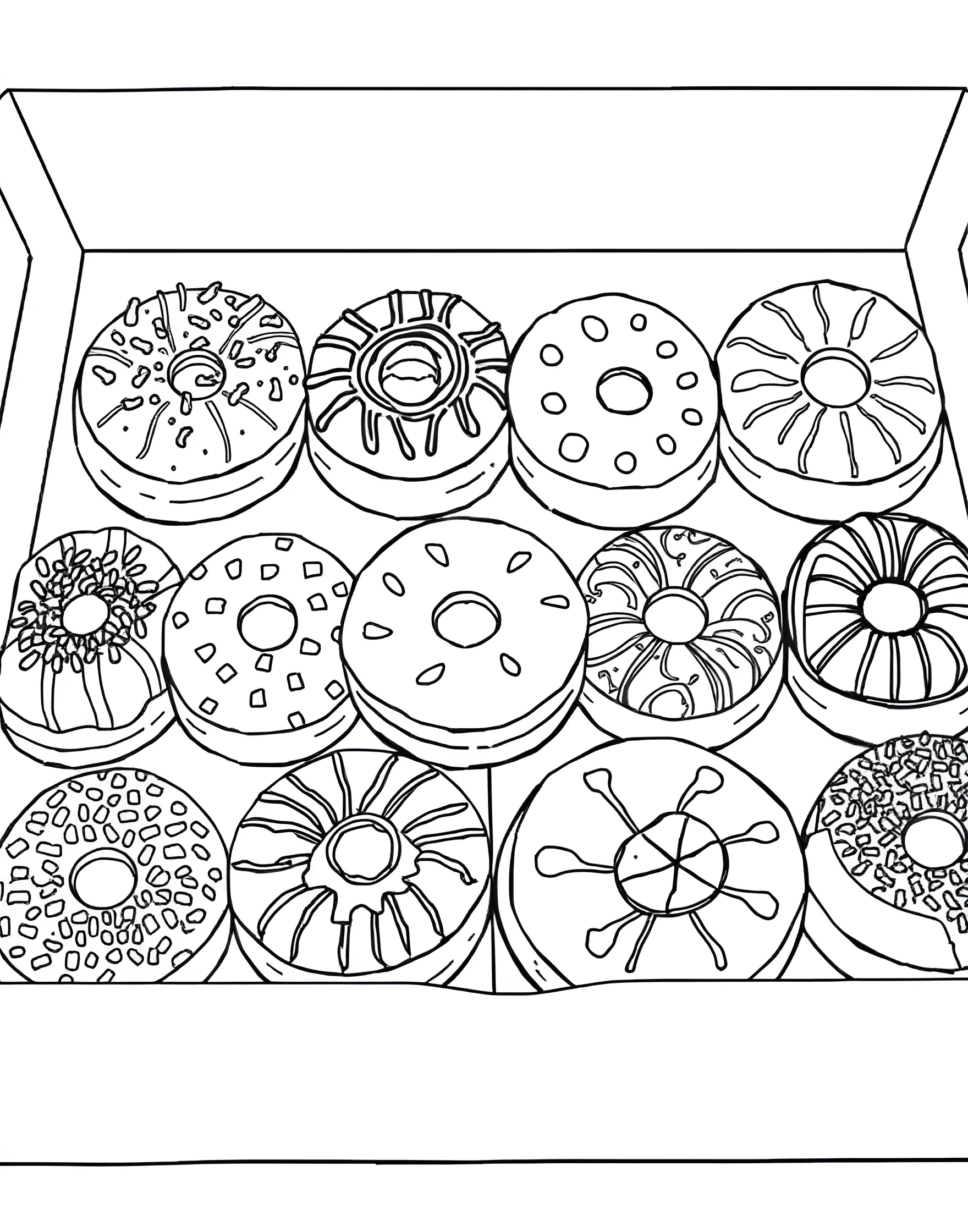 Donut Flavor Variety Pack Coloring Page -- prompt: "A box filled with a dozen different types of donuts, each with unique toppings and flavors." -- Explore a world of donut flavors with this variety pack coloring page. The image features a dozen different donuts, each representing a unique flavor and decoration style. From chocolate-glazed to fruit-filled, this page offers a delicious array of options to color and imagine tasting.