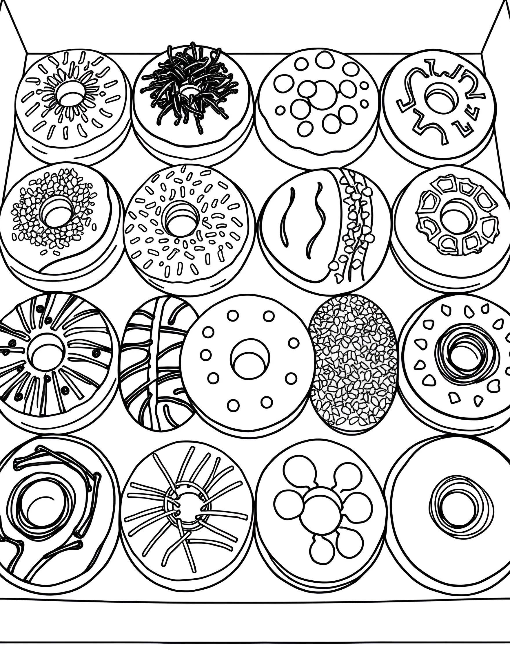 Donut Flavor Variety Pack Coloring Page -- prompt: "A box filled with a dozen different types of donuts, each with unique toppings and flavors." -- Explore a world of donut flavors with this variety pack coloring page. The image features a dozen different donuts, each representing a unique flavor and decoration style. From chocolate-glazed to fruit-filled, this page offers a delicious array of options to color and imagine tasting.