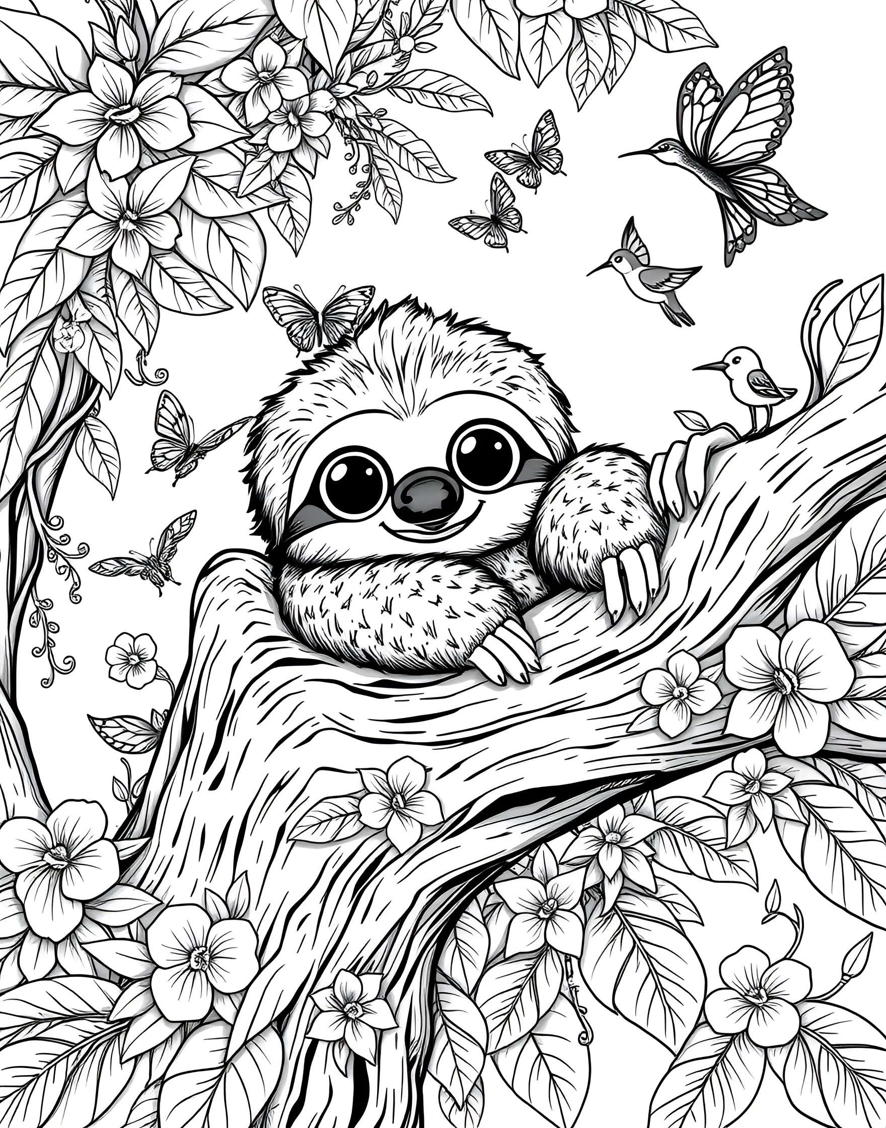 Sleepy Sloth's Jungle Nap Coloring Page -- prompt: "A cute sloth sleeping on a tree branch in a colorful jungle setting." -- This endearing coloring page showcases a adorable sloth taking a peaceful nap in its lush jungle home. The sloth is hugging a tree branch, surrounded by tropical leaves, flowers, and a few curious jungle critters. The scene captures the laid-back charm of sloths and offers a soothing coloring experience.