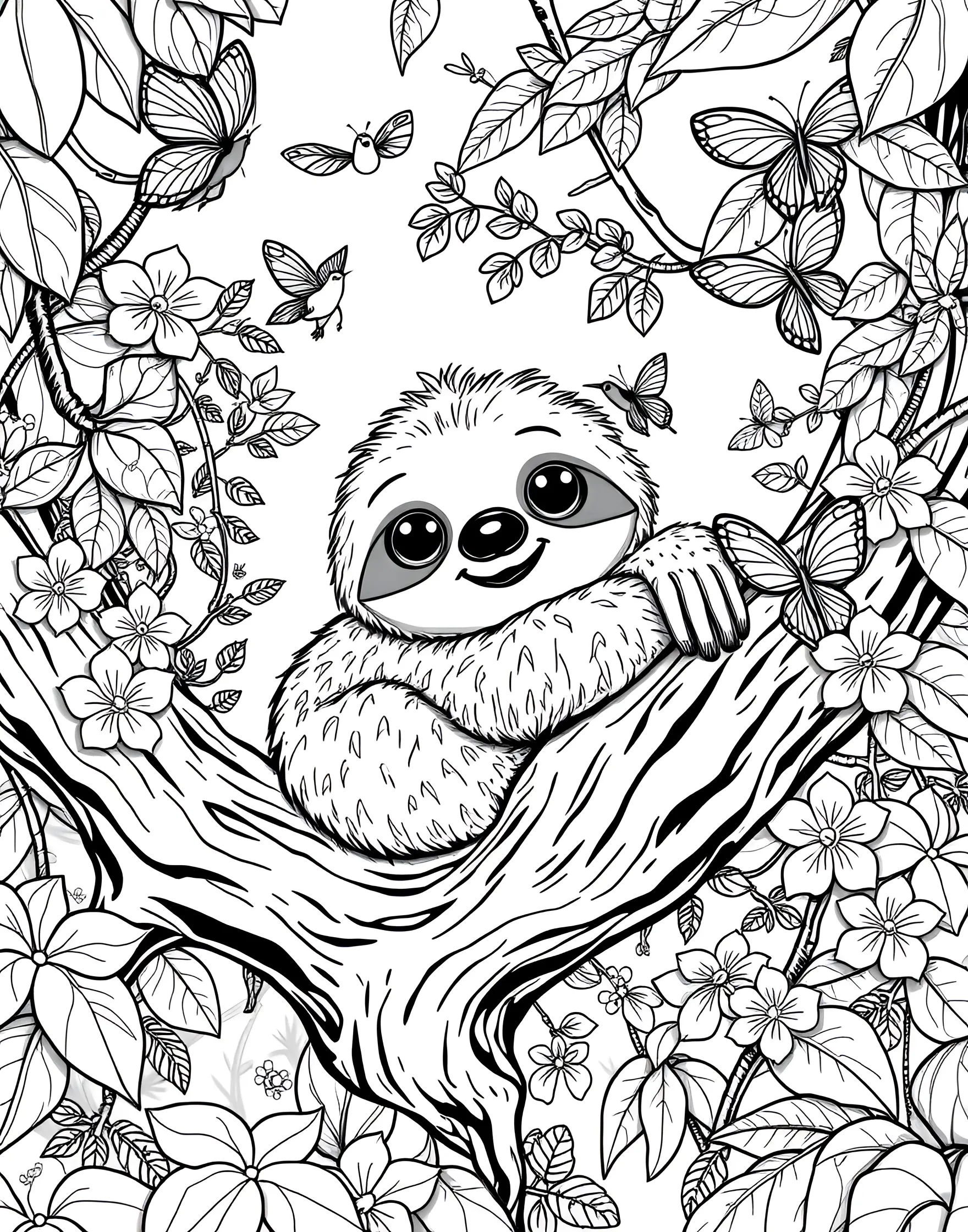 Sleepy Sloth's Jungle Nap Coloring Page -- prompt: "A cute sloth sleeping on a tree branch in a colorful jungle setting." -- This endearing coloring page showcases a adorable sloth taking a peaceful nap in its lush jungle home. The sloth is hugging a tree branch, surrounded by tropical leaves, flowers, and a few curious jungle critters. The scene captures the laid-back charm of sloths and offers a soothing coloring experience.