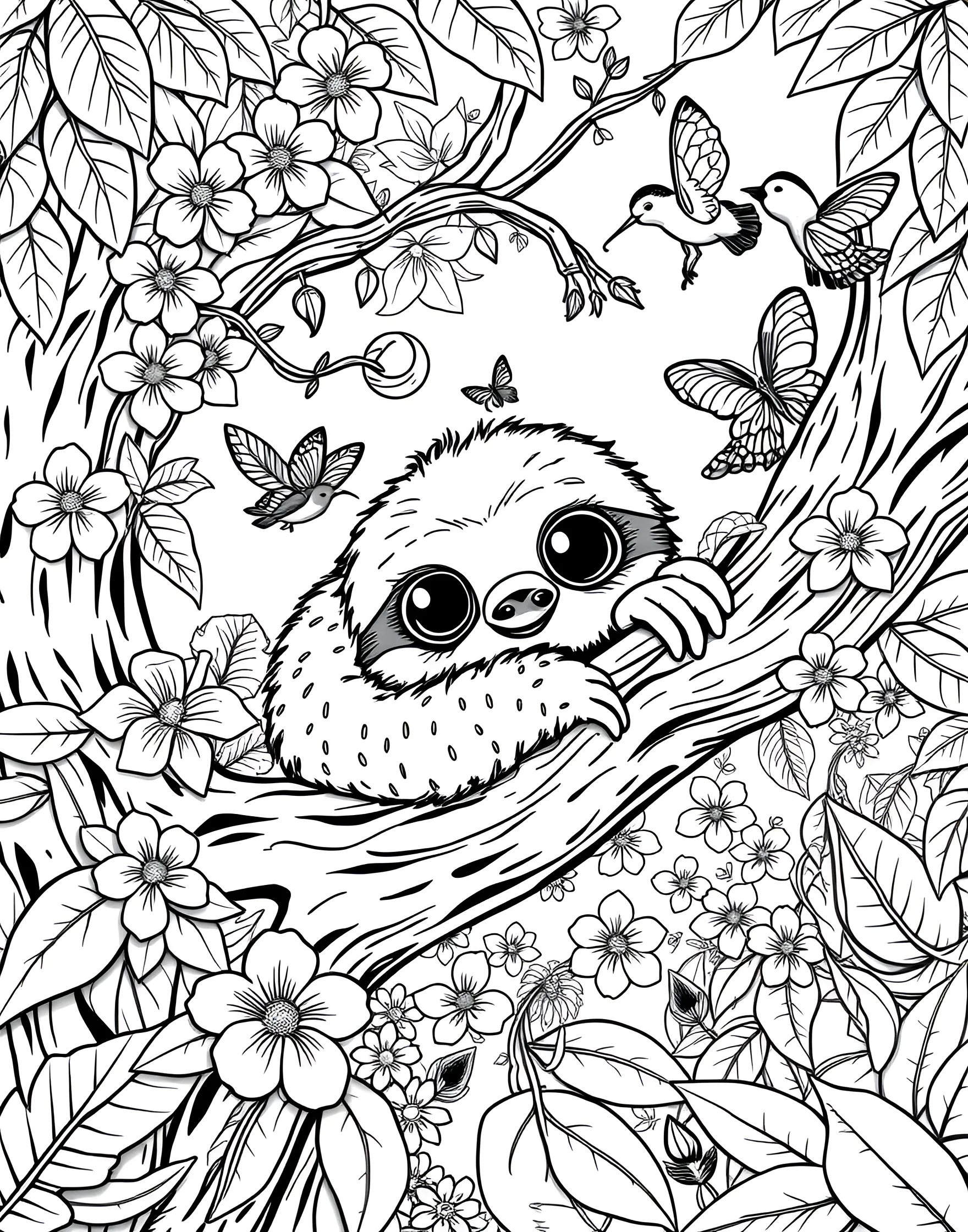 Sleepy Sloth's Jungle Nap Coloring Page -- prompt: "A cute sloth sleeping on a tree branch in a colorful jungle setting." -- This endearing coloring page showcases a adorable sloth taking a peaceful nap in its lush jungle home. The sloth is hugging a tree branch, surrounded by tropical leaves, flowers, and a few curious jungle critters. The scene captures the laid-back charm of sloths and offers a soothing coloring experience.