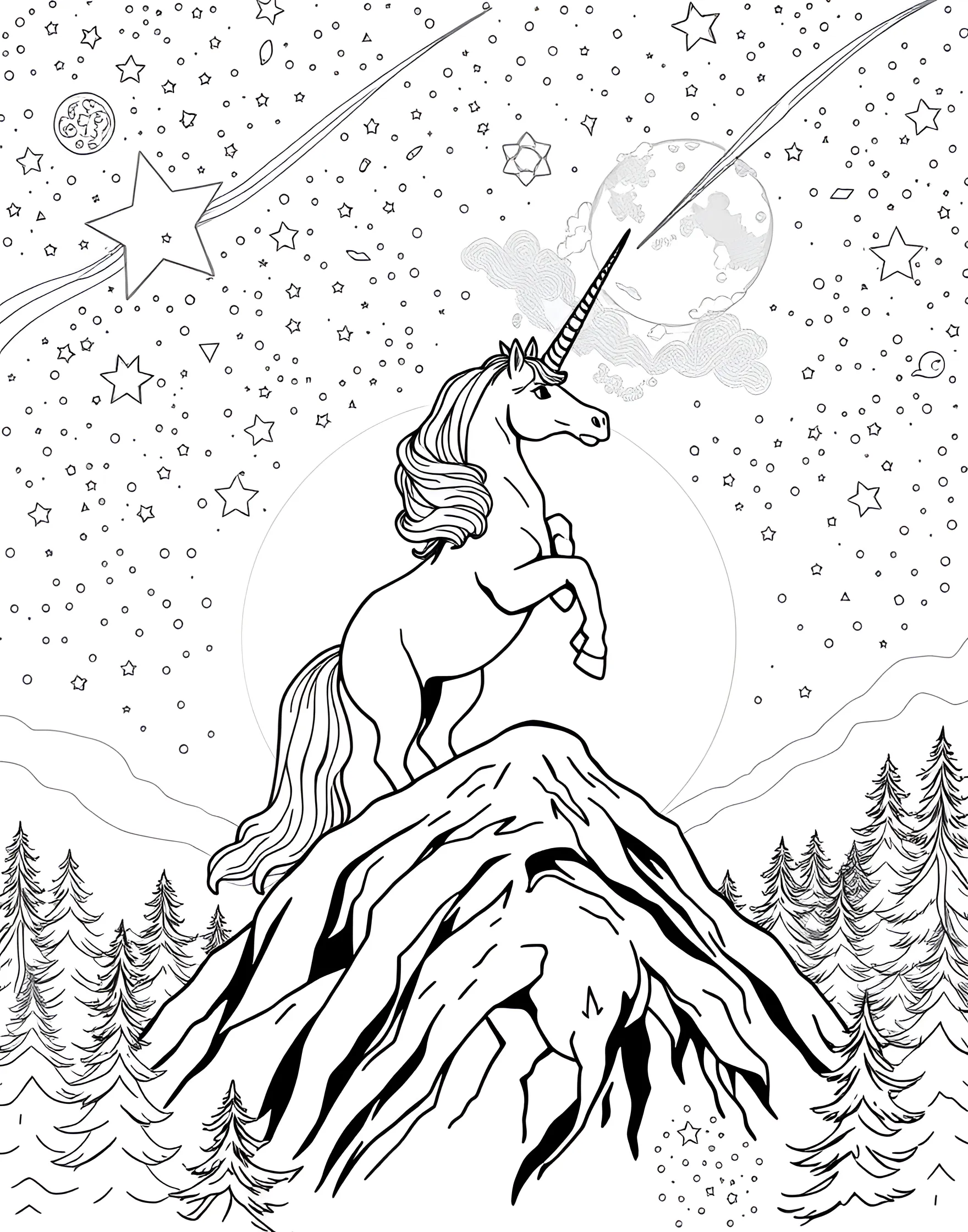 Unicorn Stargazer Coloring Page -- prompt: "A unicorn on a hilltop at night, looking up at a sky filled with stars, constellations, and a shooting star." -- Reach for the stars with this dreamy coloring page of a unicorn stargazer. The unicorn stands on a hilltop, its horn pointing towards a sky filled with constellations and shooting stars. This page is perfect for those who love celestial themes and peaceful nighttime scenes.