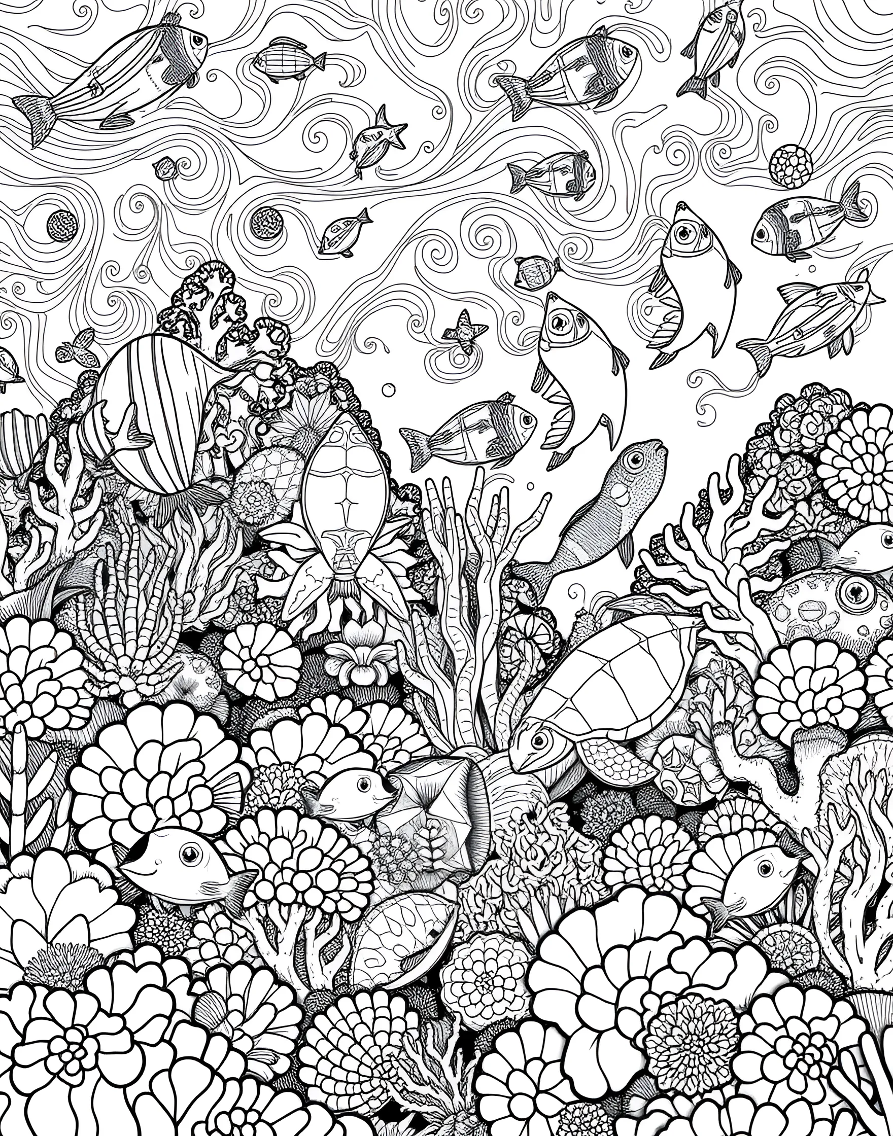 Underwater Coral Reef Coloring Page -- prompt: "A vibrant coral reef underwater scene with various fish, sea turtles, and colorful coral formations." -- Dive deep into an underwater wonderland with this detailed coral reef coloring page. The scene is teeming with marine life, including colorful fish, sea turtles, and intricate coral formations. This page offers a great chance to explore the diversity of ocean ecosystems and practice using a wide range of colors.