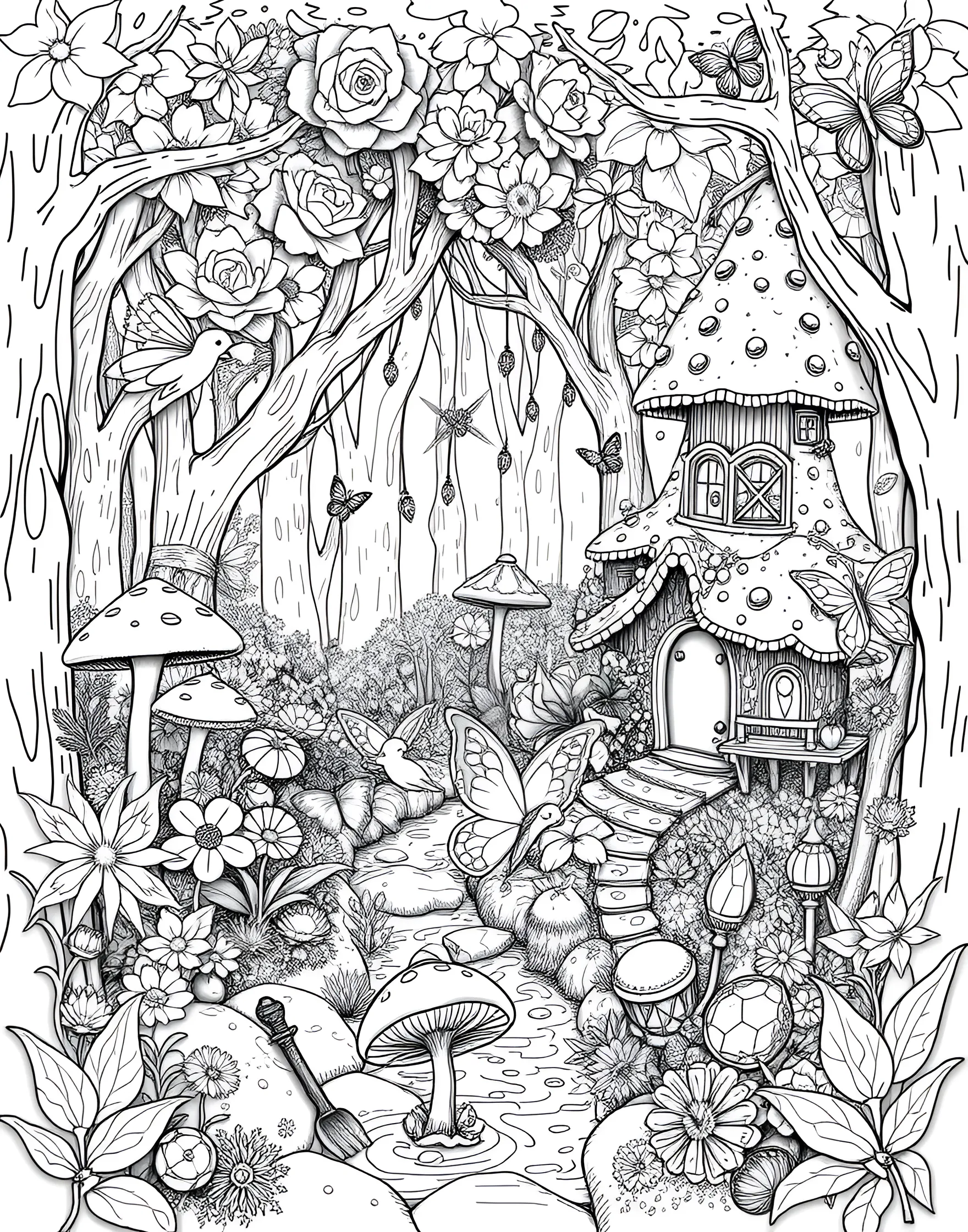 Enchanted Fairy Garden Coloring Page -- prompt: "A hidden fairy garden in a forest with tiny fairies, mushroom houses, and magical elements." -- This magical coloring page reveals a secret fairy garden hidden within a lush forest. Tiny fairies flit between oversized flowers, mushroom houses, and delicate lanterns hanging from tree branches. A babbling brook and a fairy ring add to the enchantment of this miniature world, inviting young artists to bring this magical scene to life with their favorite colors.