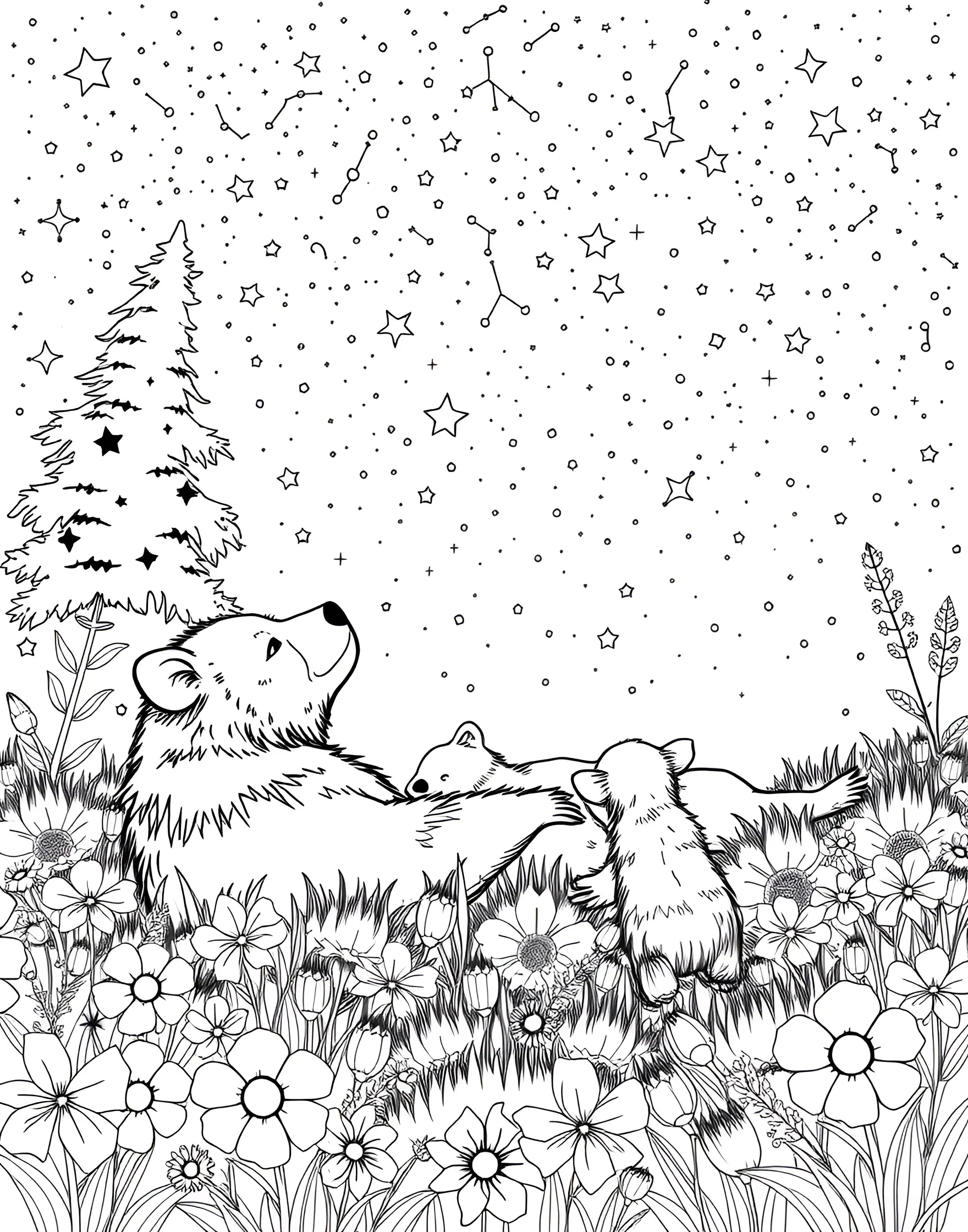 Bear Family Stargazing Coloring Page -- prompt: "A family of bears lying on their backs in a field, looking up at a starry night sky." -- Share a magical moment with this heartwarming coloring page of a bear family stargazing. A pair of adult bears and their cub are shown lying on their backs, gazing up at a star-filled sky. This peaceful scene captures the wonder of nature and the bonds of family.