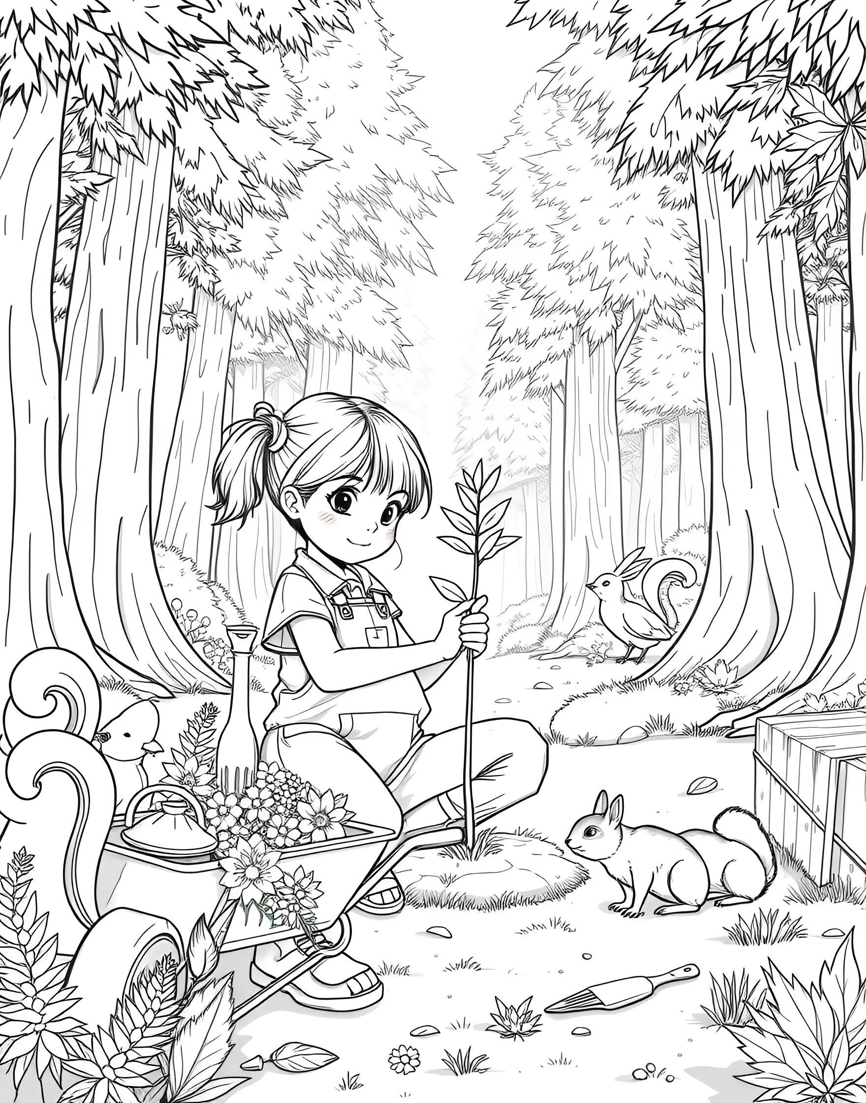 Environmentalist Girl Planting Trees Coloring Page -- prompt: "A girl planting a tree in a forest setting with animals and gardening tools around her." -- Promote environmental awareness with this eco-friendly coloring page. A young girl is shown planting a tree, surrounded by nature and wildlife. The scene includes various animals, plants, and gardening tools, providing numerous elements to color while encouraging a love for nature and conservation.