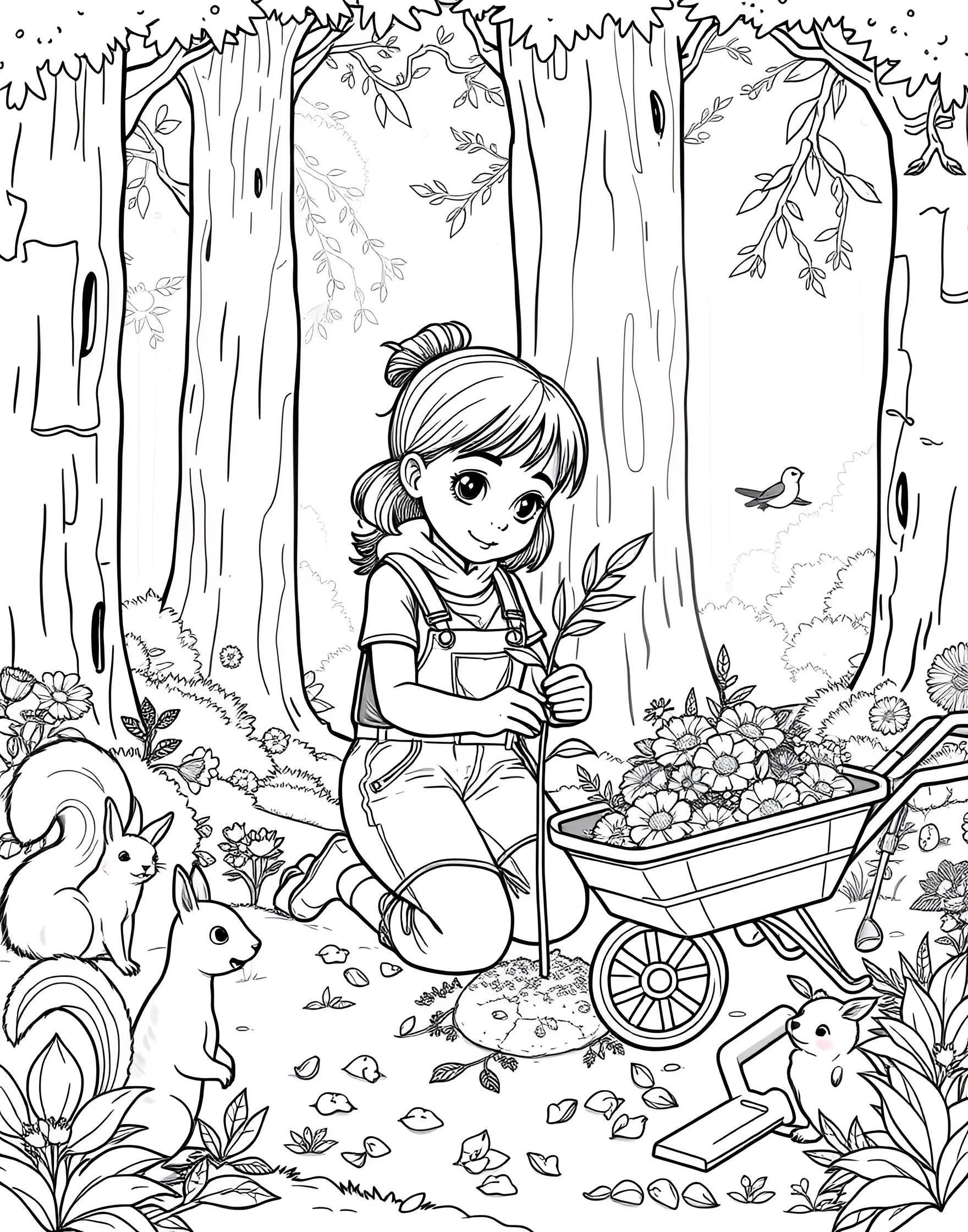 Environmentalist Girl Planting Trees Coloring Page -- prompt: "A girl planting a tree in a forest setting with animals and gardening tools around her." -- Promote environmental awareness with this eco-friendly coloring page. A young girl is shown planting a tree, surrounded by nature and wildlife. The scene includes various animals, plants, and gardening tools, providing numerous elements to color while encouraging a love for nature and conservation.