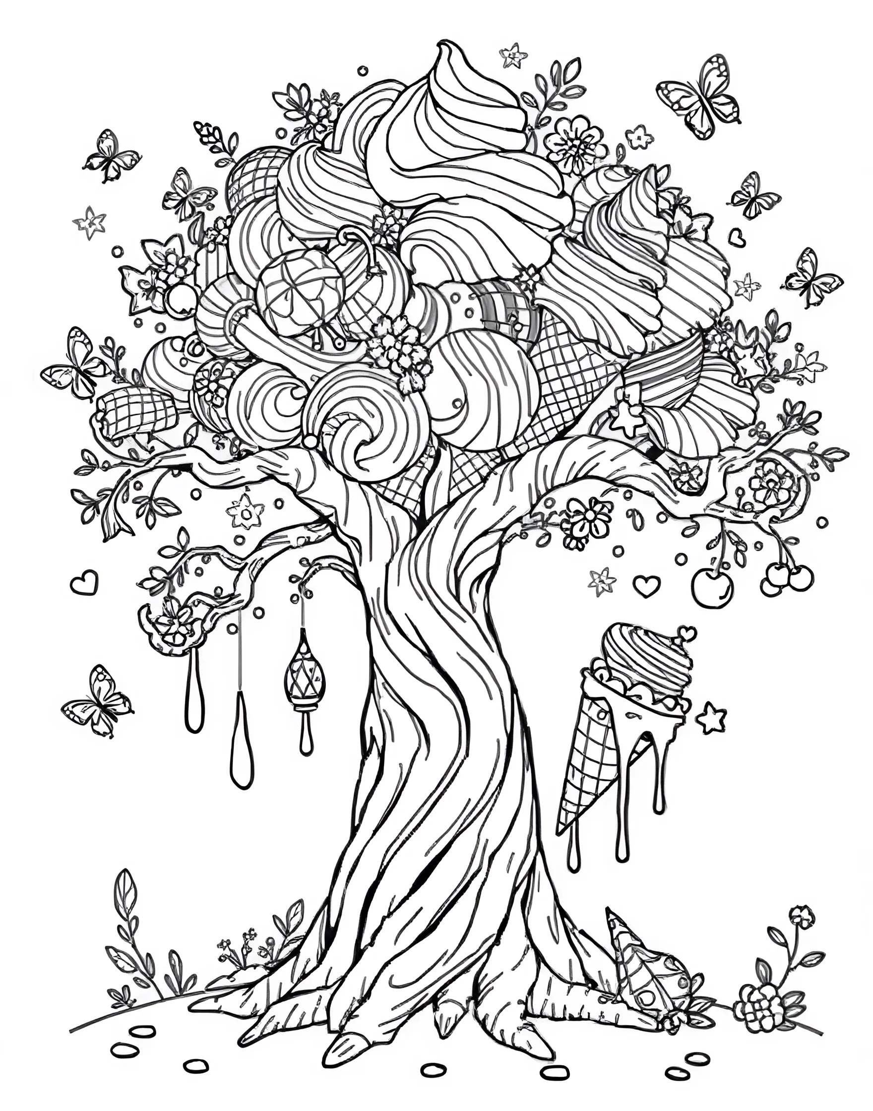 Ice Cream Cone Tree Coloring Page -- prompt: "A whimsical tree with branches full of different flavored ice cream cones instead of leaves." -- Imagine a world where ice cream grows on trees! This fantastical page features a tree with branches laden with ice cream cones of various flavors. It's a delightful blend of nature and dessert that encourages colorful creativity.