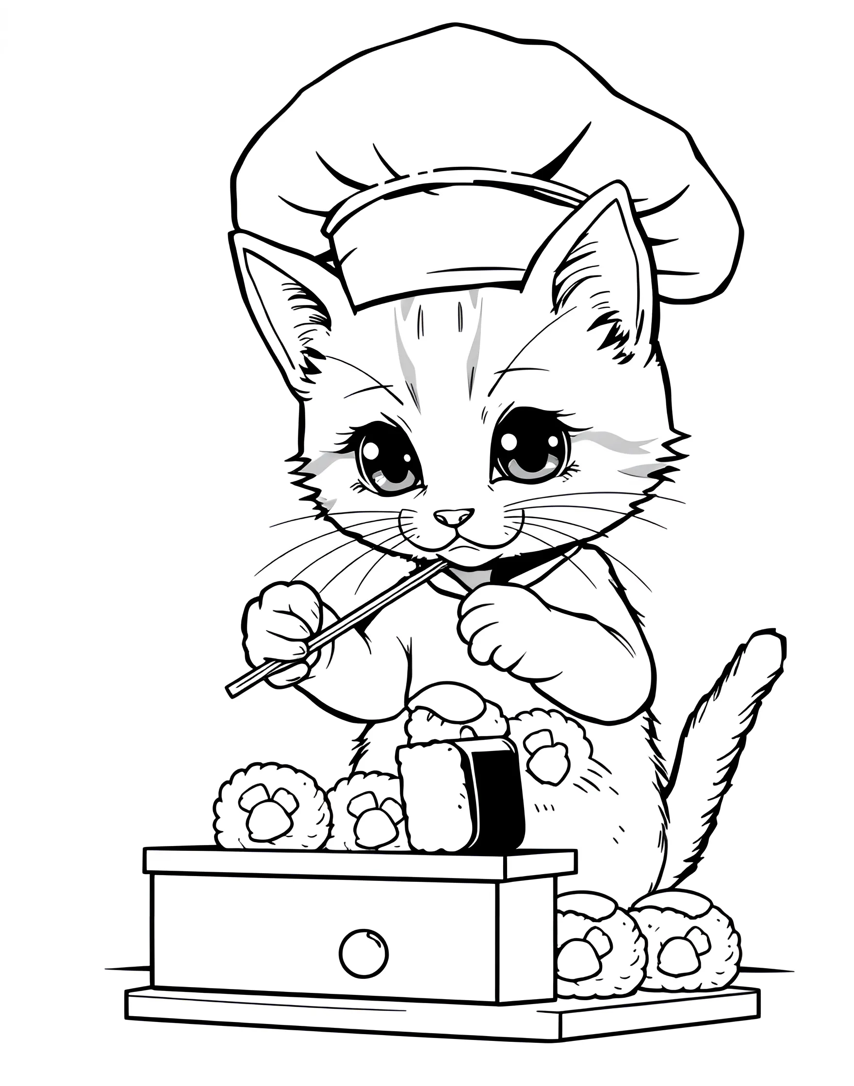 Kitten's Sushi Chef Adventure Coloring Page -- prompt: "A kitten wearing a chef's hat, preparing sushi rolls with chopsticks." -- Serve up some fun with this delightful kitten sushi chef coloring page. A skilled kitten is shown preparing sushi rolls, wearing a chef's hat and holding chopsticks. This page is great for food lovers and those interested in different cultures.