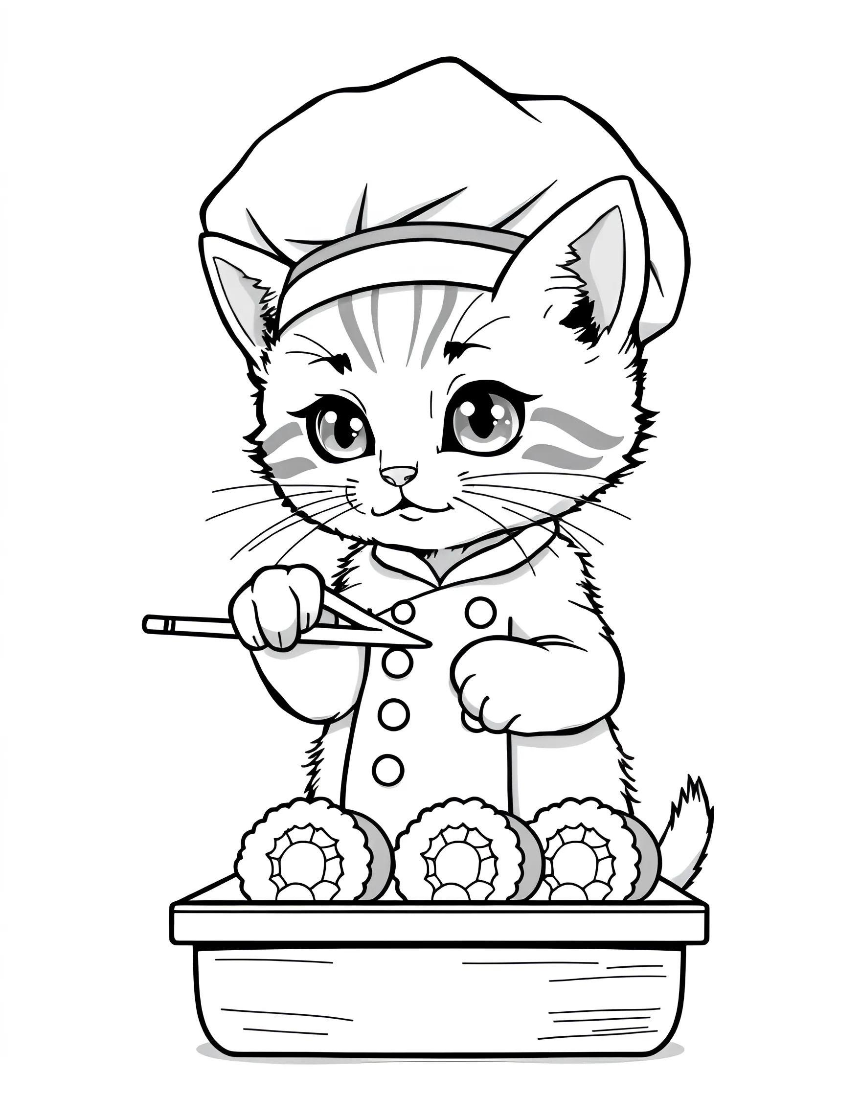 Kitten's Sushi Chef Adventure Coloring Page -- prompt: "A kitten wearing a chef's hat, preparing sushi rolls with chopsticks." -- Serve up some fun with this delightful kitten sushi chef coloring page. A skilled kitten is shown preparing sushi rolls, wearing a chef's hat and holding chopsticks. This page is great for food lovers and those interested in different cultures.