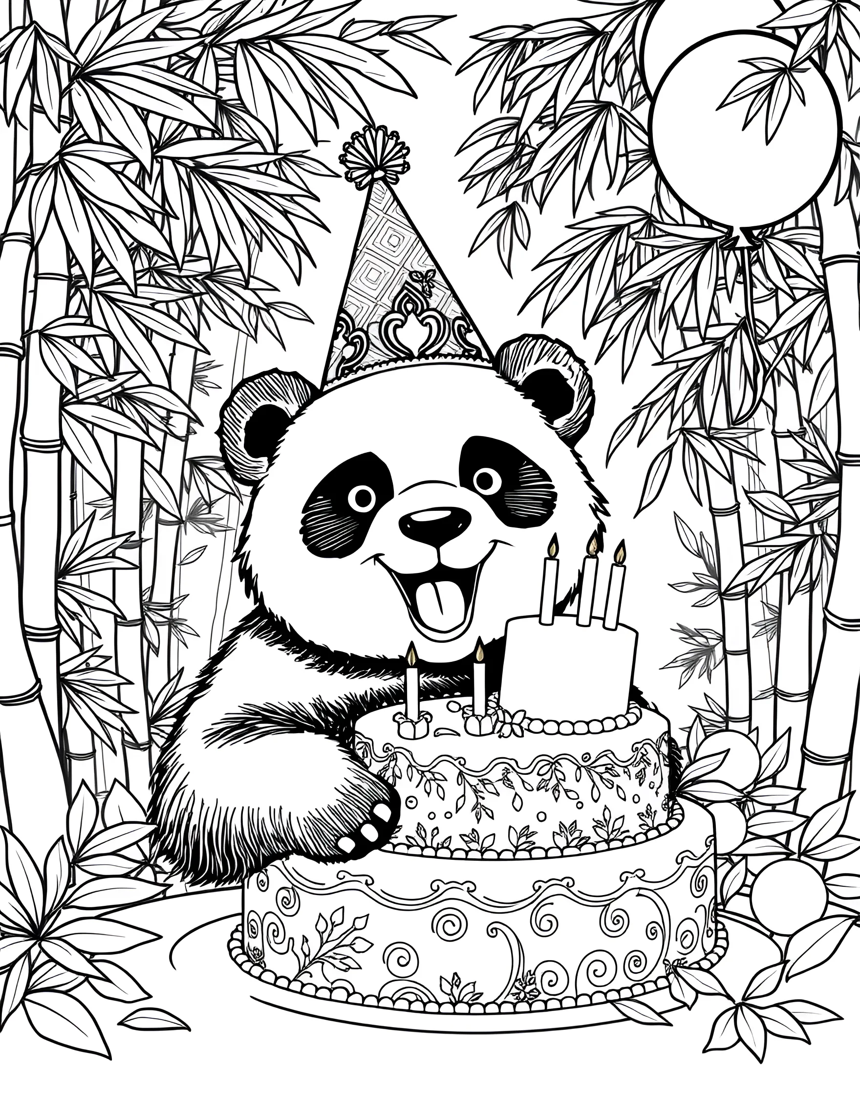 Panda's Birthday Party Coloring Page -- prompt: "A panda wearing a party hat with a bamboo cake, surrounded by leaf streamers and bamboo balloons." -- Celebrate with this festive panda coloring page! A jolly panda wears a party hat and sits before a bamboo-stalk cake adorned with leaves as candles. Streamers and balloons made of woven bamboo leaves add to the party atmosphere, creating a uniquely panda-style celebration.