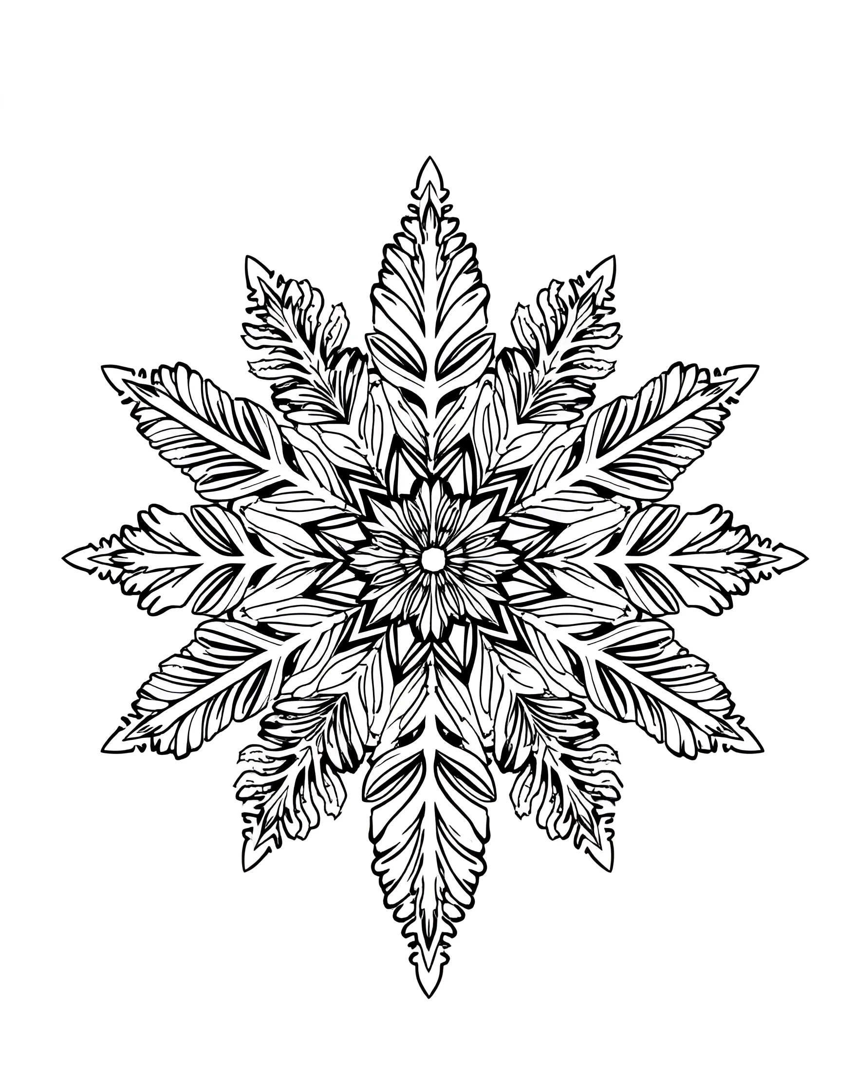 Snowflake Wonderland Coloring Page -- prompt: "A collection of detailed, unique snowflake designs swirling across the page." -- Drift into a world of intricate snowflakes with this mesmerizing coloring page. Each unique snowflake design offers a different pattern to color and explore. Swirling wind currents carry the flakes across the page.