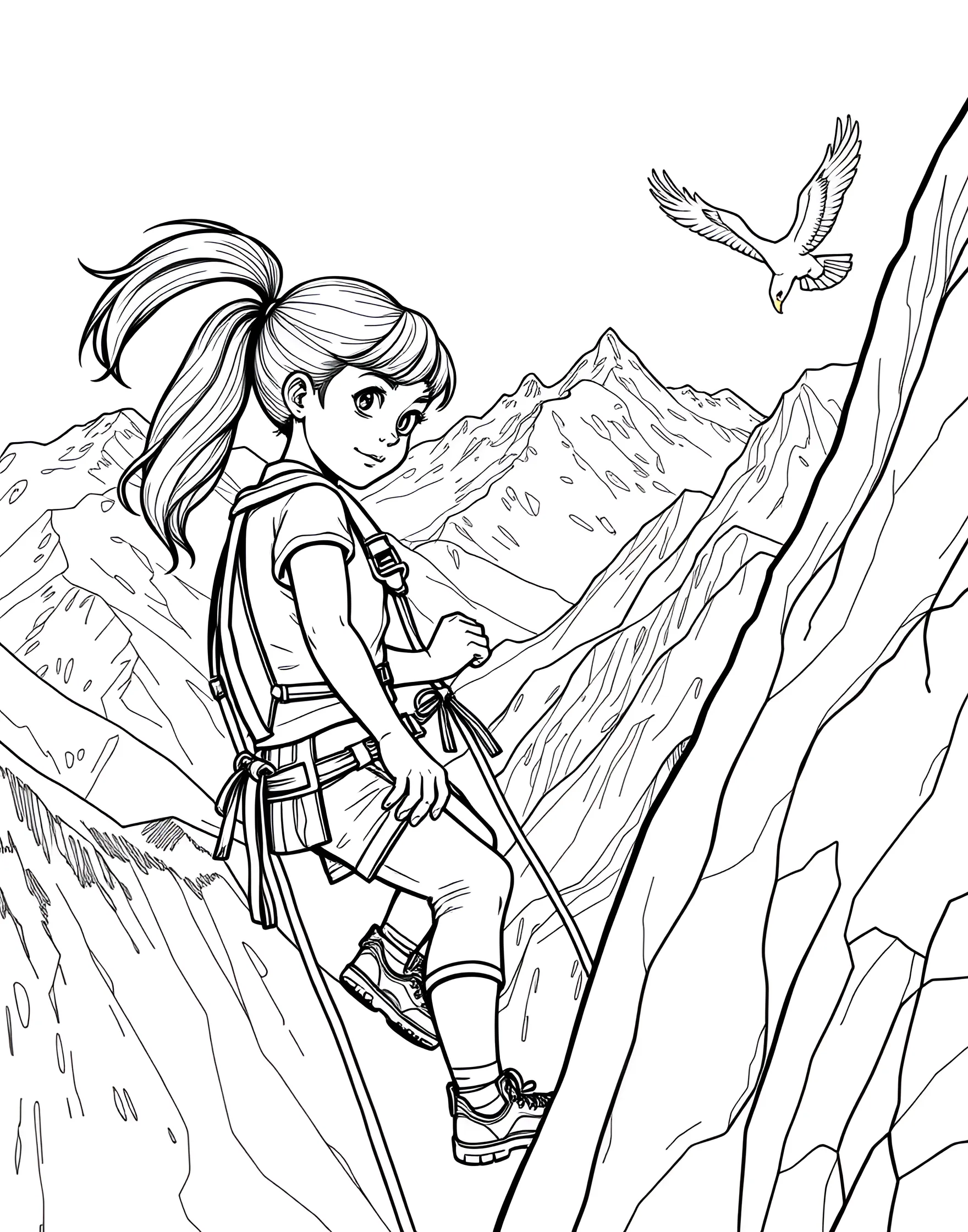 Girl Rock Climber Scaling a Wall Coloring Page -- prompt: "A girl rock climbing on a steep wall with climbing gear and a scenic background." -- Experience the thrill of adventure with this dynamic rock climbing coloring page. A determined girl climbs a challenging rock wall, demonstrating strength and skill. The detailed rock face, climbing gear, and the climber's focused expression offer plenty of interesting elements to color and bring to life.