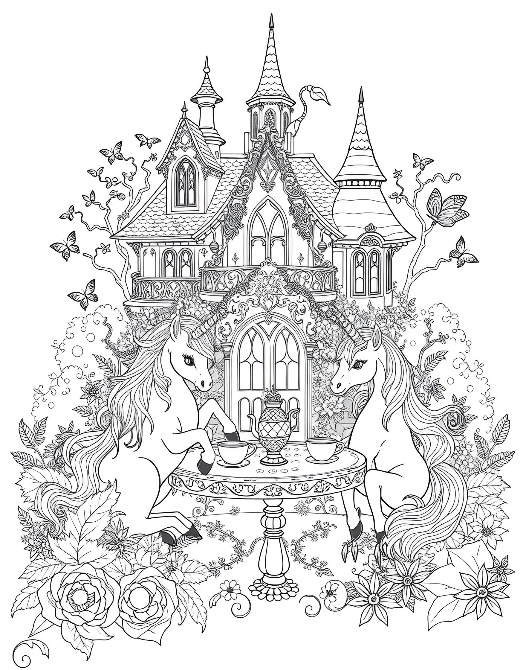 Unicorn Tea House Coloring Page -- prompt: "A charming tea house decorated with unicorn themes, with magical creatures enjoying tea in the garden." -- Relax and unwind with this cozy coloring page of a unicorn-themed tea house. The quaint building is decorated with unicorn motifs, and magical creatures enjoy tea in the garden. This page is perfect for those who appreciate detailed architectural designs and whimsical settings.