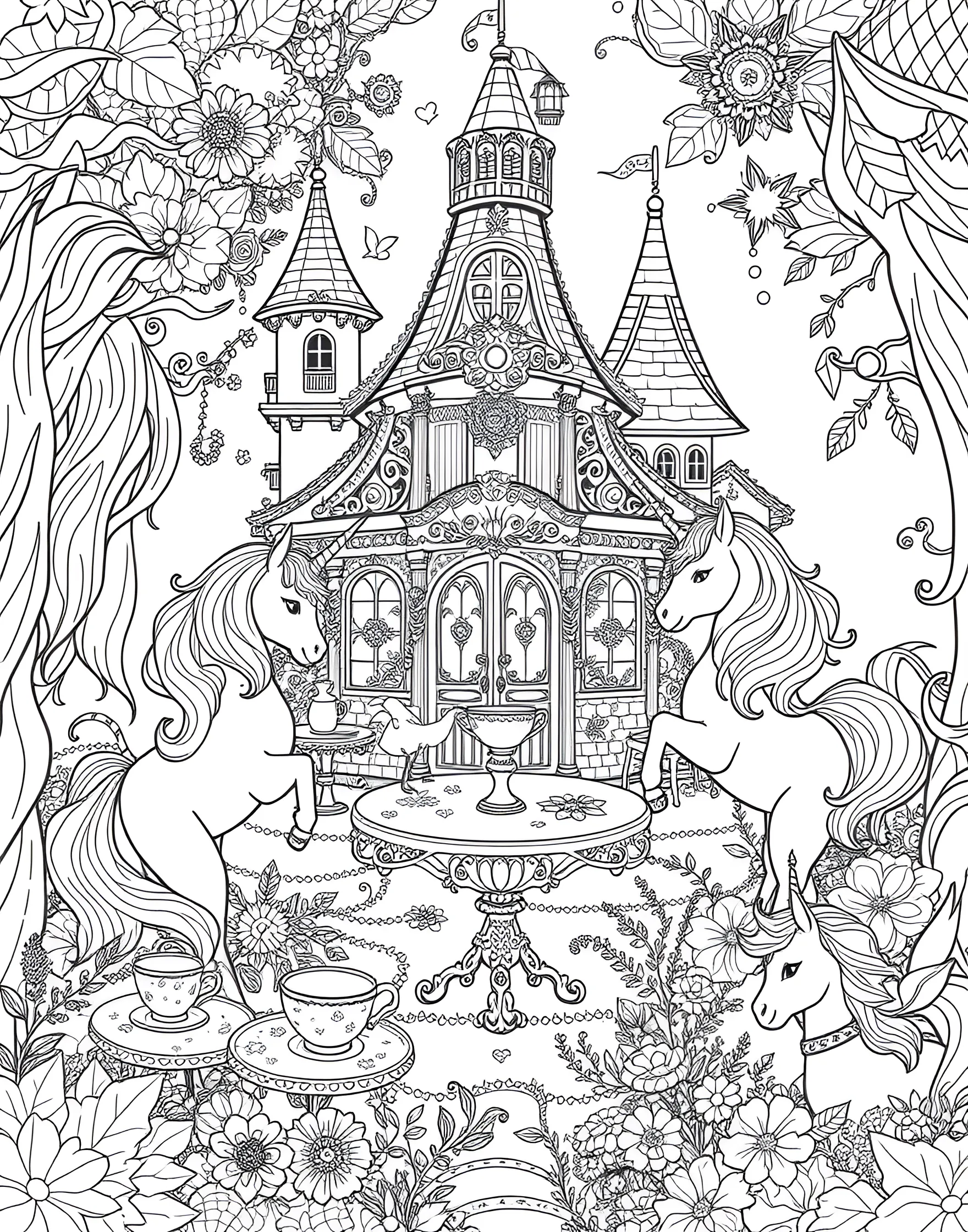 Unicorn Tea House Coloring Page -- prompt: "A charming tea house decorated with unicorn themes, with magical creatures enjoying tea in the garden." -- Relax and unwind with this cozy coloring page of a unicorn-themed tea house. The quaint building is decorated with unicorn motifs, and magical creatures enjoy tea in the garden. This page is perfect for those who appreciate detailed architectural designs and whimsical settings.