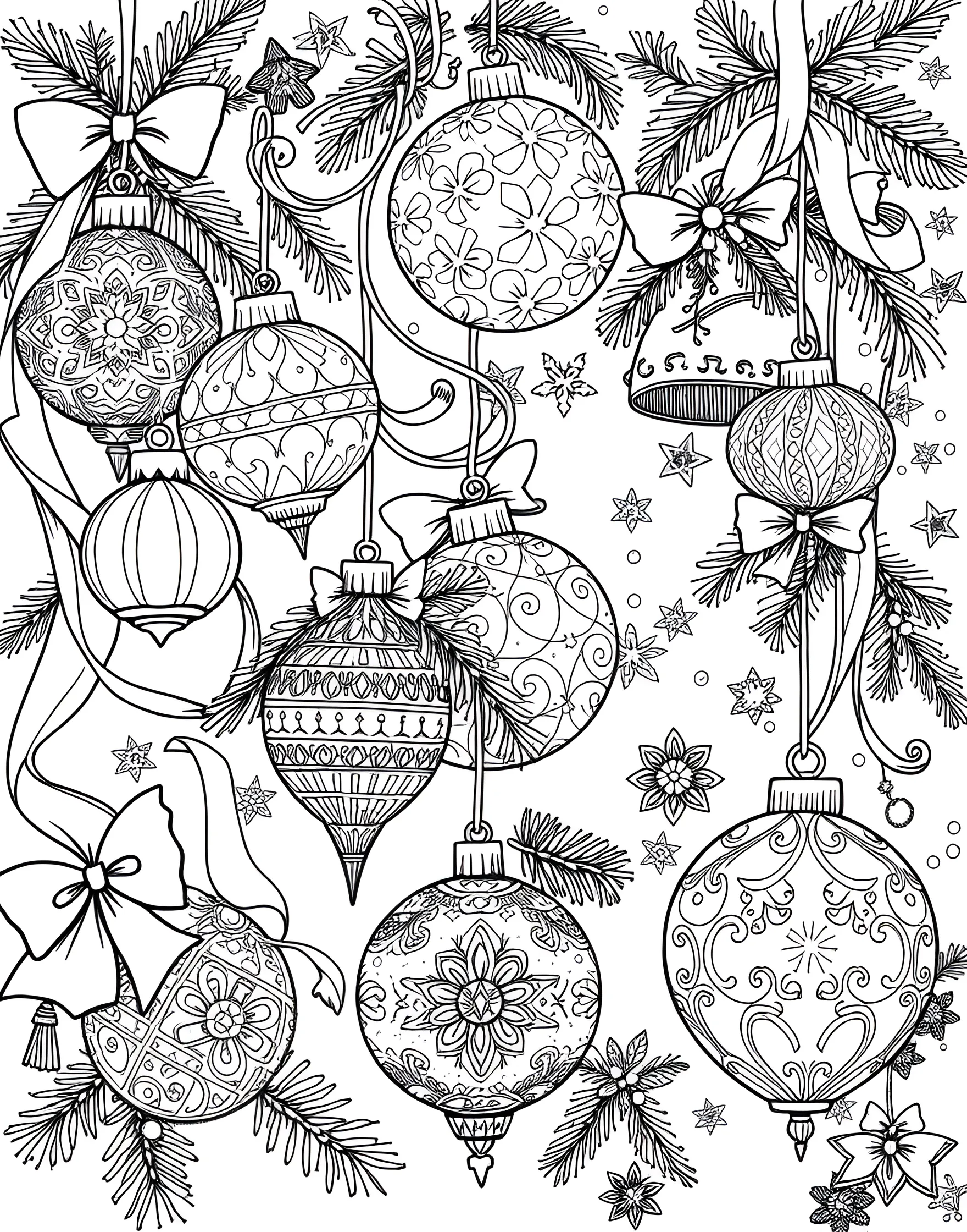 Christmas Ornament Showcase Coloring Page -- prompt: "A collection of different Christmas ornaments with ribbons and pine sprigs." -- Unleash your creativity with this page full of various Christmas ornaments. From classic baubles to intricate snowflakes and figurines, each ornament offers a unique canvas for coloring. Ribbons and pine sprigs add festive flair to the arrangement.