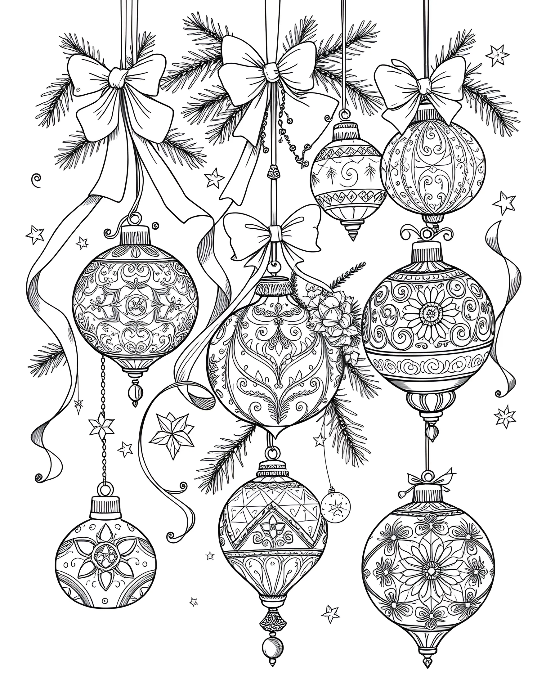 Christmas Ornament Showcase Coloring Page -- prompt: "A collection of different Christmas ornaments with ribbons and pine sprigs." -- Unleash your creativity with this page full of various Christmas ornaments. From classic baubles to intricate snowflakes and figurines, each ornament offers a unique canvas for coloring. Ribbons and pine sprigs add festive flair to the arrangement.