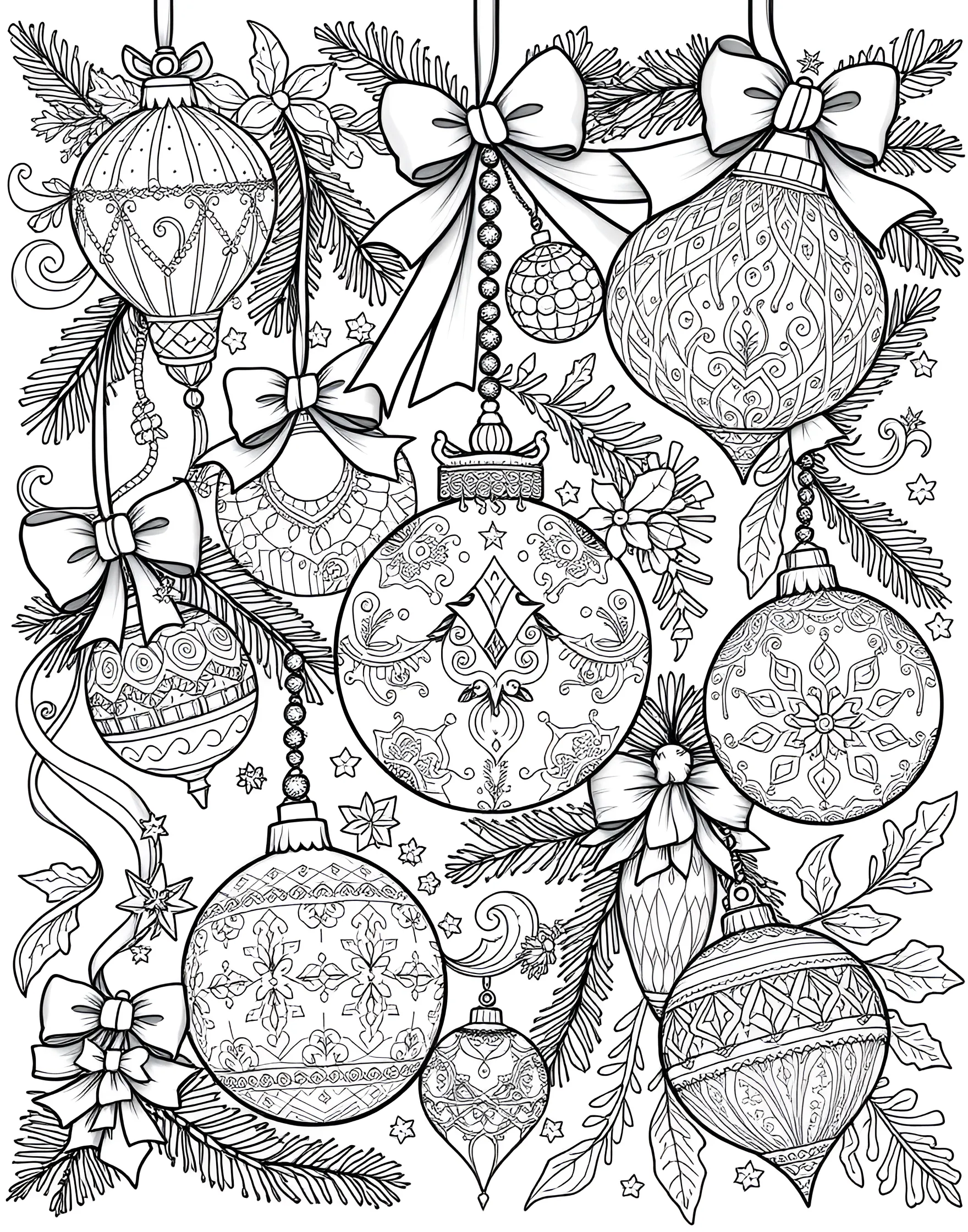 Christmas Ornament Showcase Coloring Page -- prompt: "A collection of different Christmas ornaments with ribbons and pine sprigs." -- Unleash your creativity with this page full of various Christmas ornaments. From classic baubles to intricate snowflakes and figurines, each ornament offers a unique canvas for coloring. Ribbons and pine sprigs add festive flair to the arrangement.