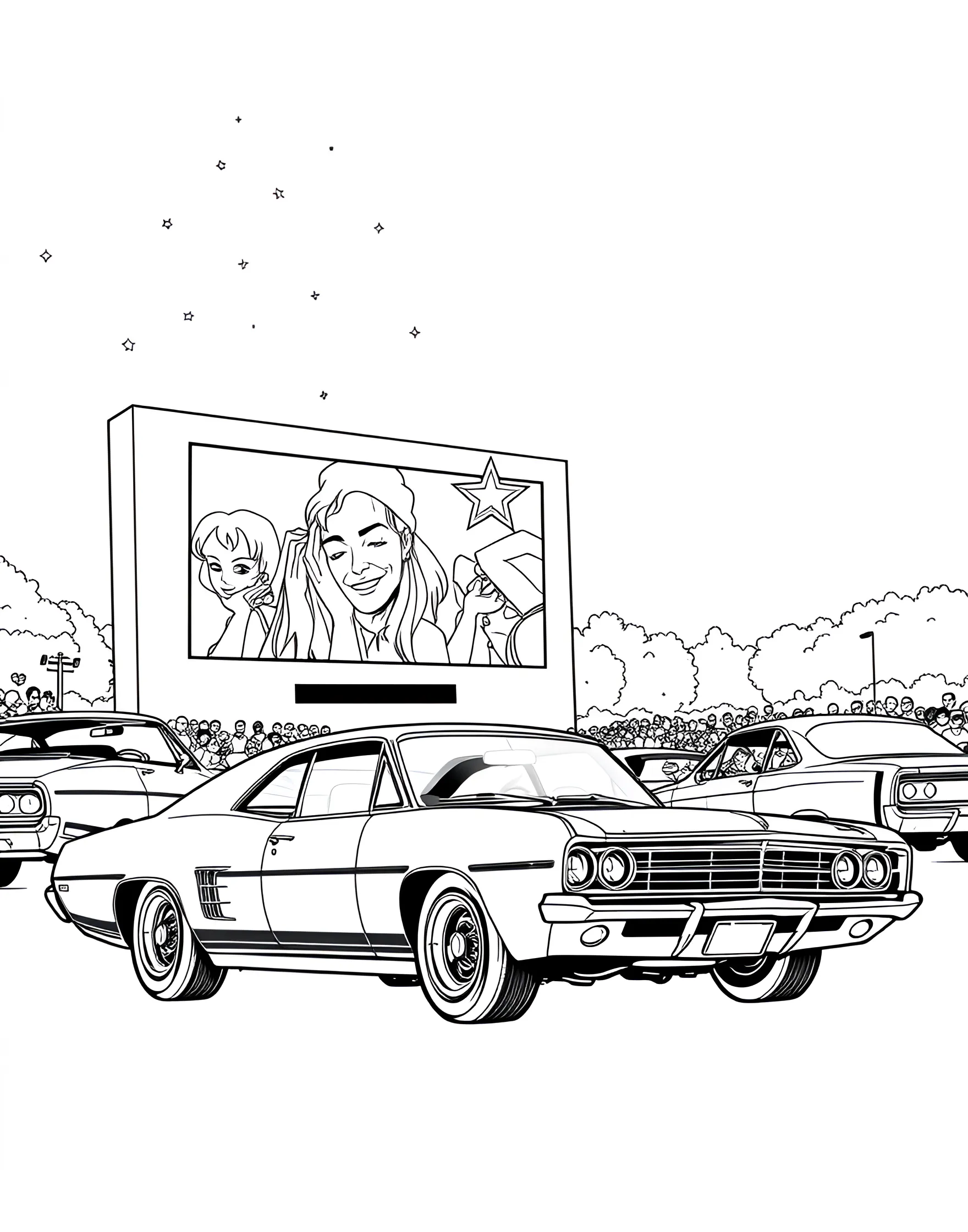 Classic Muscle Car at a Drive-In Movie Coloring Page -- prompt: "A muscle car parked at a drive-in movie theater with a big screen and other cars visible." -- Step back in time with this nostalgic coloring page depicting a classic muscle car at a drive-in movie theater. The powerful vehicle is parked in front of a large outdoor screen, surrounded by other cars and the charming ambiance of a bygone era. It's a delightful choice for those who love retro Americana and car culture.