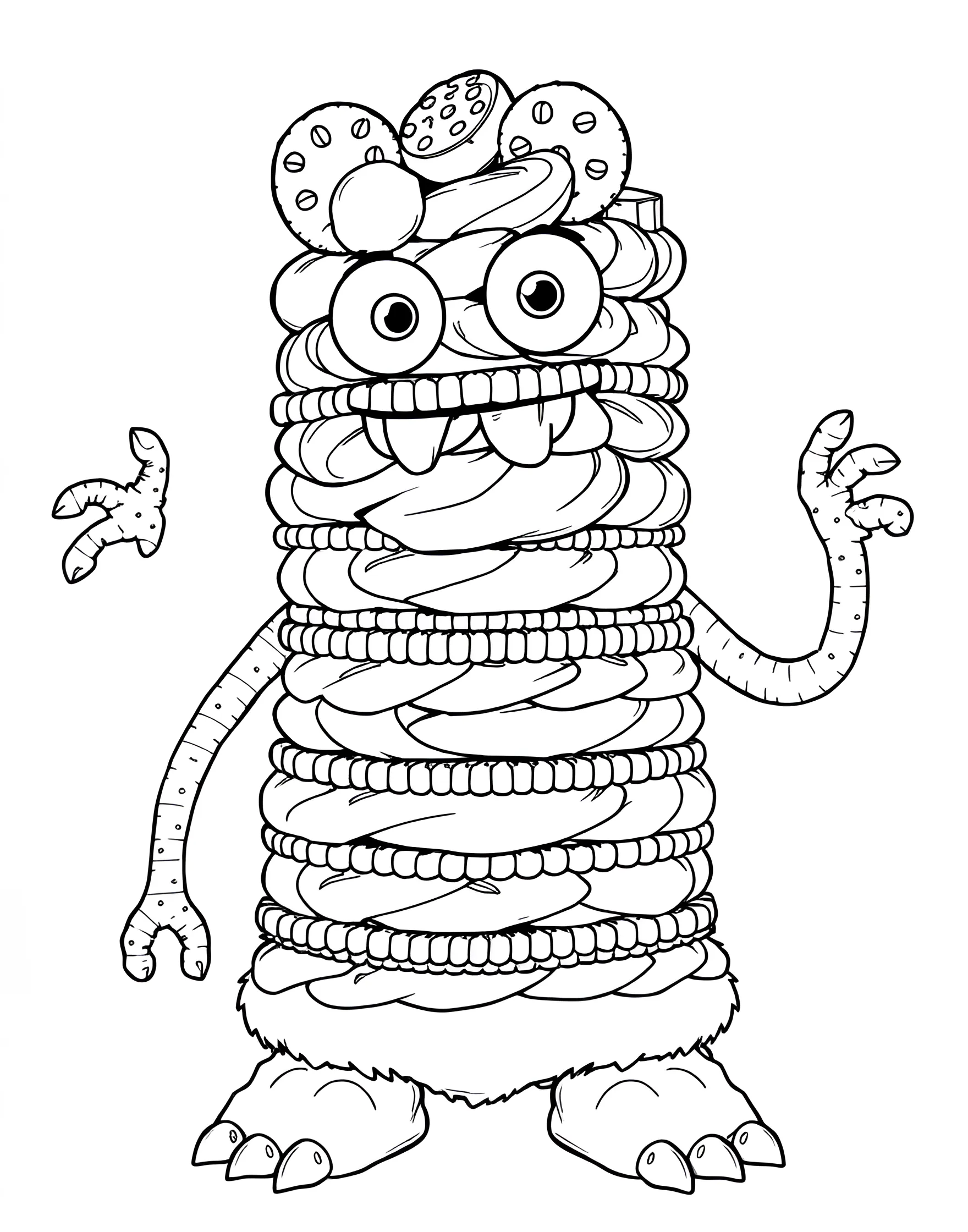 Ice Cream Sandwich Cookie Monster Coloring Page -- prompt: "A cute monster character made entirely of stacked ice cream sandwiches with cookie eyes." -- Meet the adorable ice cream sandwich cookie monster! This charming character is made entirely of ice cream sandwiches, with cookie eyes and a big, friendly smile. It's a fun, imaginative page that's sure to bring joy to colorists of all ages.