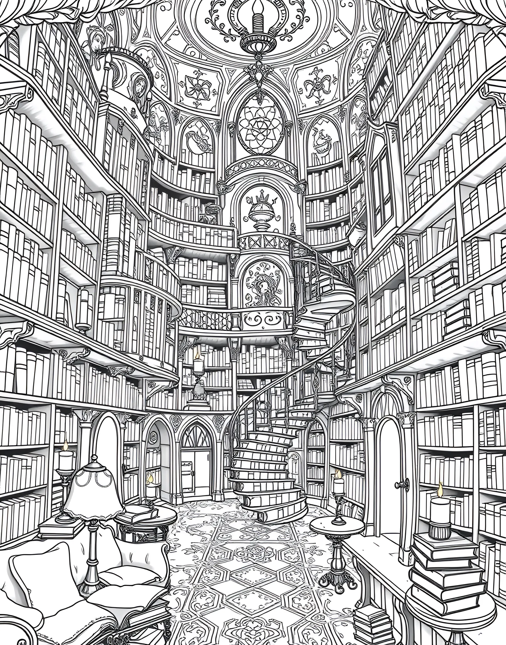 Enchanted Bookshop Coloring Page -- prompt: "An interior scene of a magical bookshop with tall bookshelves, reading nooks, and enchanted elements." -- Step into a world of literary magic with this enchanted bookshop coloring page. The design depicts a cozy interior filled with towering bookshelves, comfortable reading nooks, and whimsical details. As you color, imagine the stories contained within this magical space.