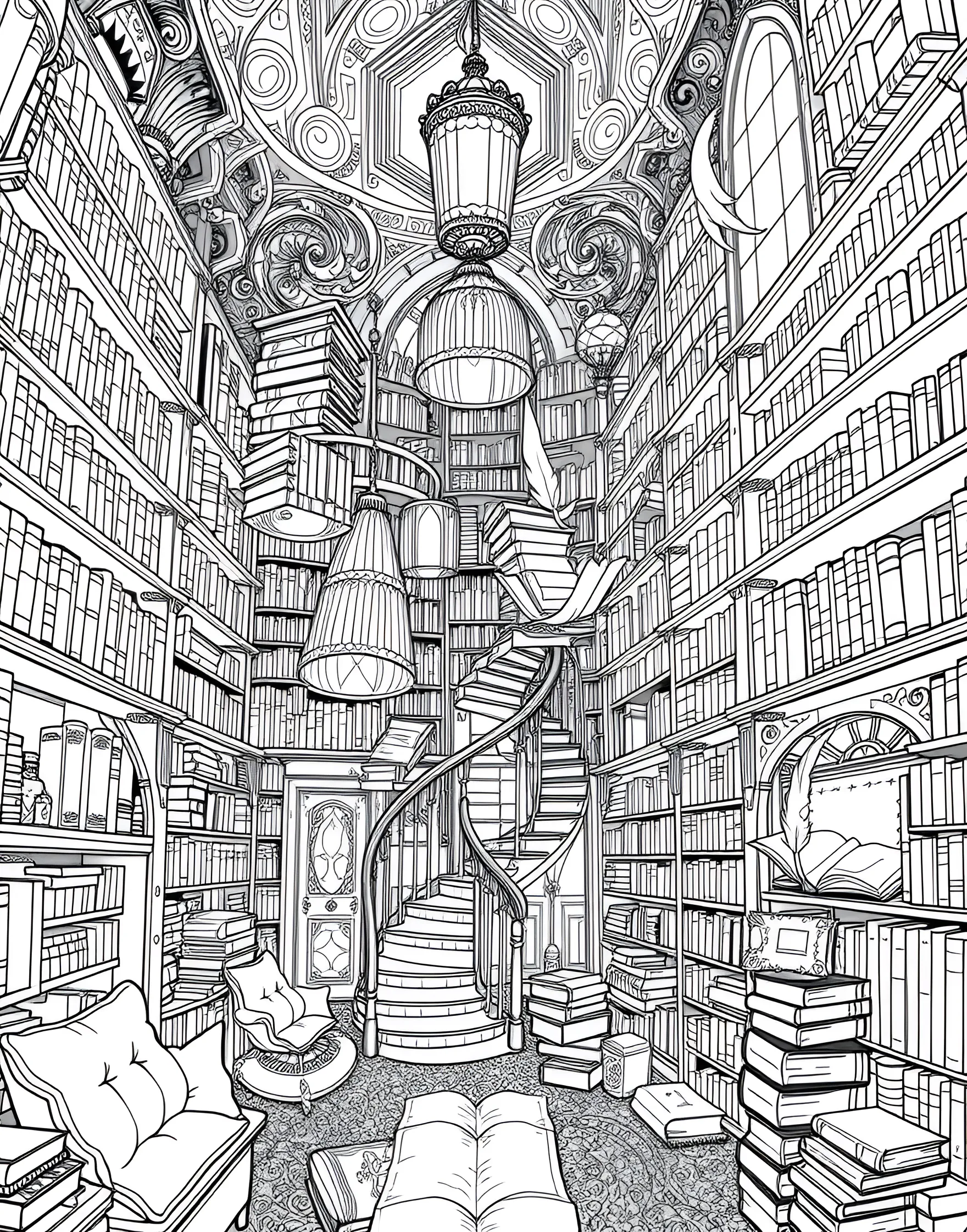 Enchanted Bookshop Coloring Page -- prompt: "An interior scene of a magical bookshop with tall bookshelves, reading nooks, and enchanted elements." -- Step into a world of literary magic with this enchanted bookshop coloring page. The design depicts a cozy interior filled with towering bookshelves, comfortable reading nooks, and whimsical details. As you color, imagine the stories contained within this magical space.