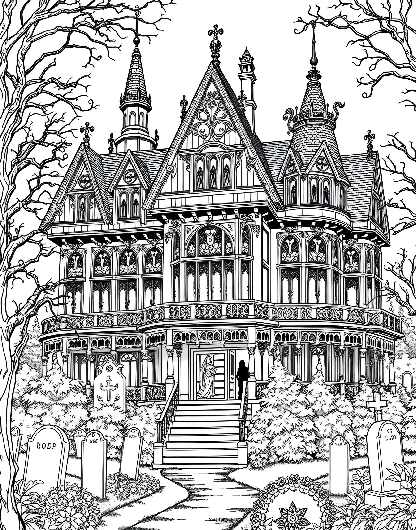 Victorian Haunted House Coloring Page -- prompt: "A detailed Victorian-style haunted house with elaborate architecture and spooky elements, suitable for adult coloring." -- Embrace the eerie with this Victorian-inspired haunted house coloring page. Elaborate architectural details, spooky elements, and a sense of mystery combine to create a captivating scene. This design offers a perfect balance of intricate details and atmospheric spaces for creative coloring.