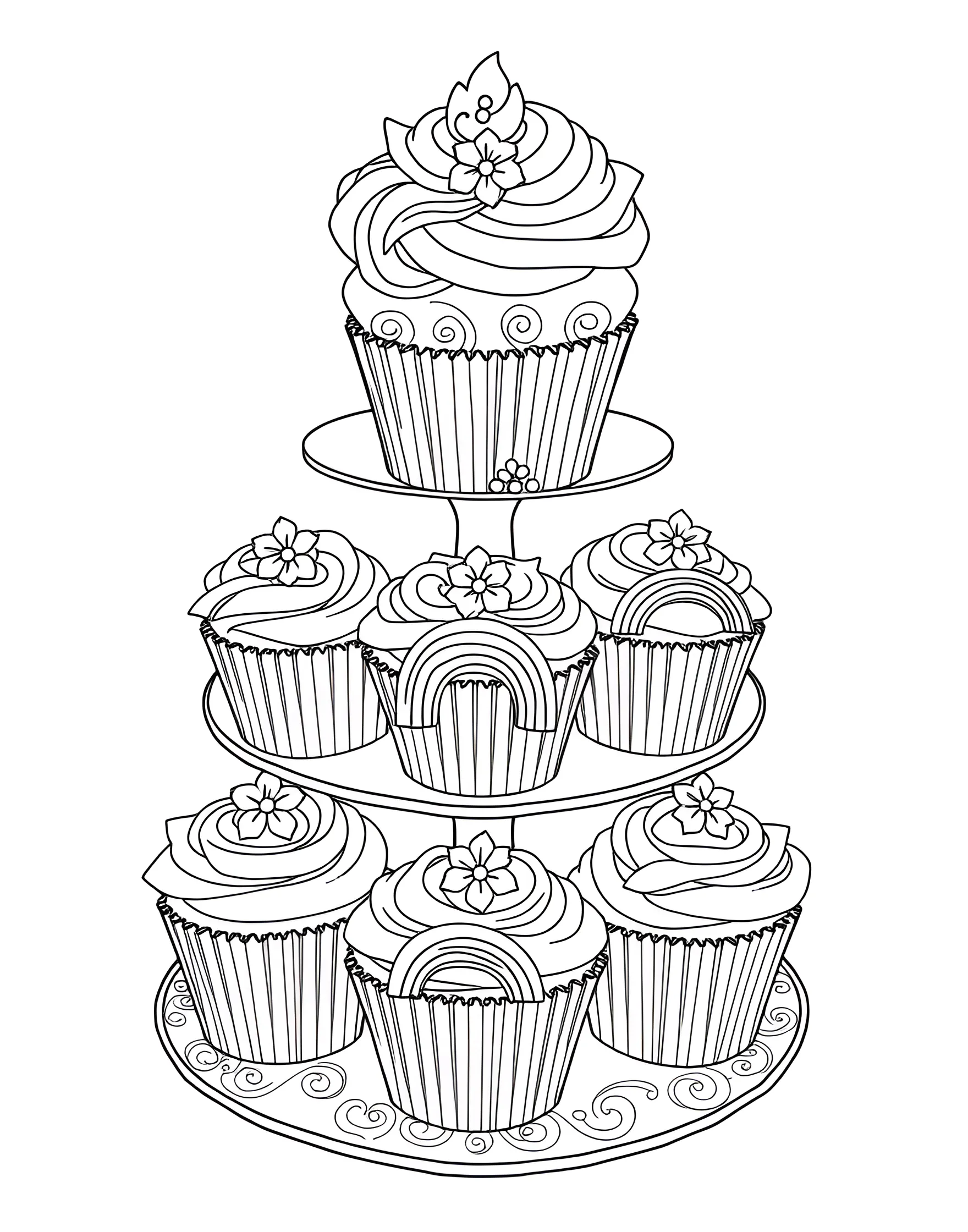 Rainbow Cupcake Tower Coloring Page -- prompt: "A tiered cupcake stand filled with cupcakes decorated with rainbow-colored frostings and toppings." -- Indulge your sweet tooth with this delectable rainbow cupcake tower coloring page. A tiered stand holds cupcakes decorated with rainbow-colored frostings and toppings. This mouthwatering page is perfect for dessert lovers and offers plenty of opportunities for creative coloring techniques.