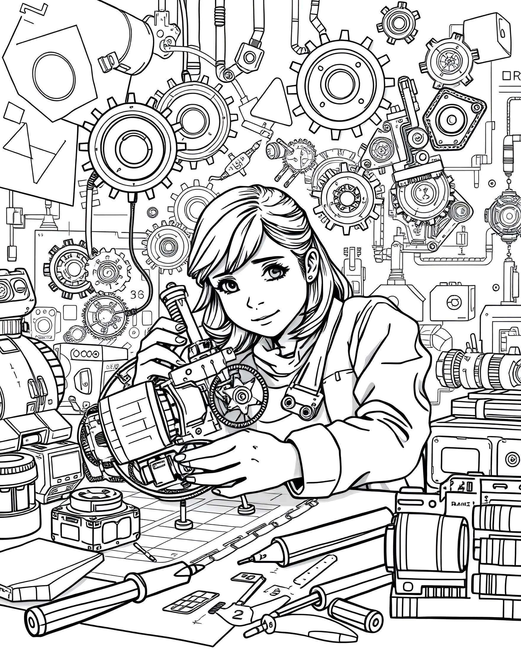 Girl Inventor in Her Workshop Coloring Page -- prompt: "A girl inventor working on a gadget in a workshop filled with tools, blueprints, and inventions." -- Spark innovation with this creative inventor coloring page. A young girl works on a unique invention in her workshop, surrounded by tools, blueprints, and half-finished gadgets. The detailed scene offers countless opportunities for imaginative coloring while encouraging interest in engineering and problem-solving.