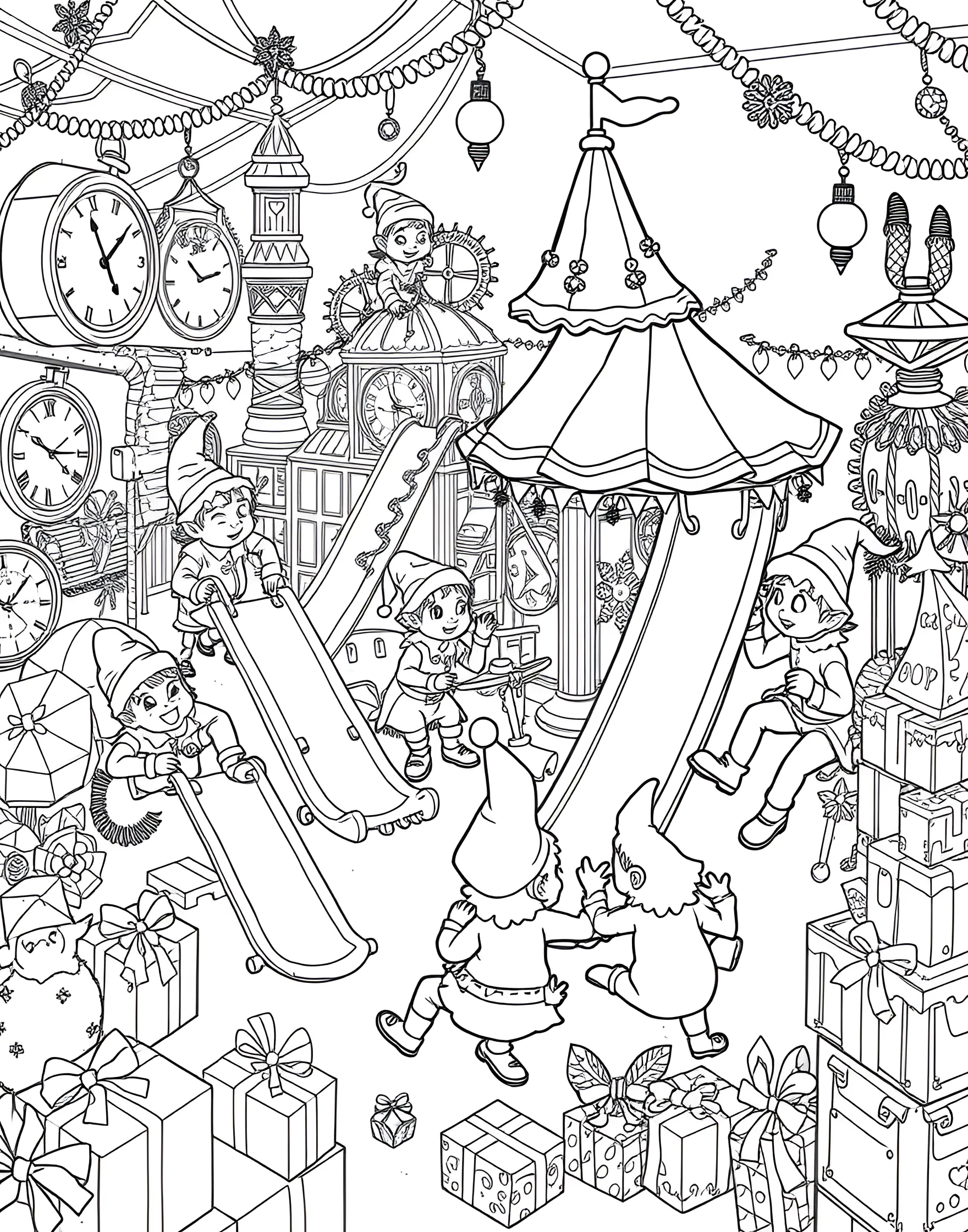 Elves' Toy Testing Playground Coloring Page -- prompt: "Elves testing various toys on a colorful playground setup in Santa's workshop." -- Join the elves in their quality control fun with this playful coloring page. Elves zoom down slides, bounce on trampolines, and race remote-controlled cars to ensure each toy is perfect. Safety-goggle-wearing elves take notes.