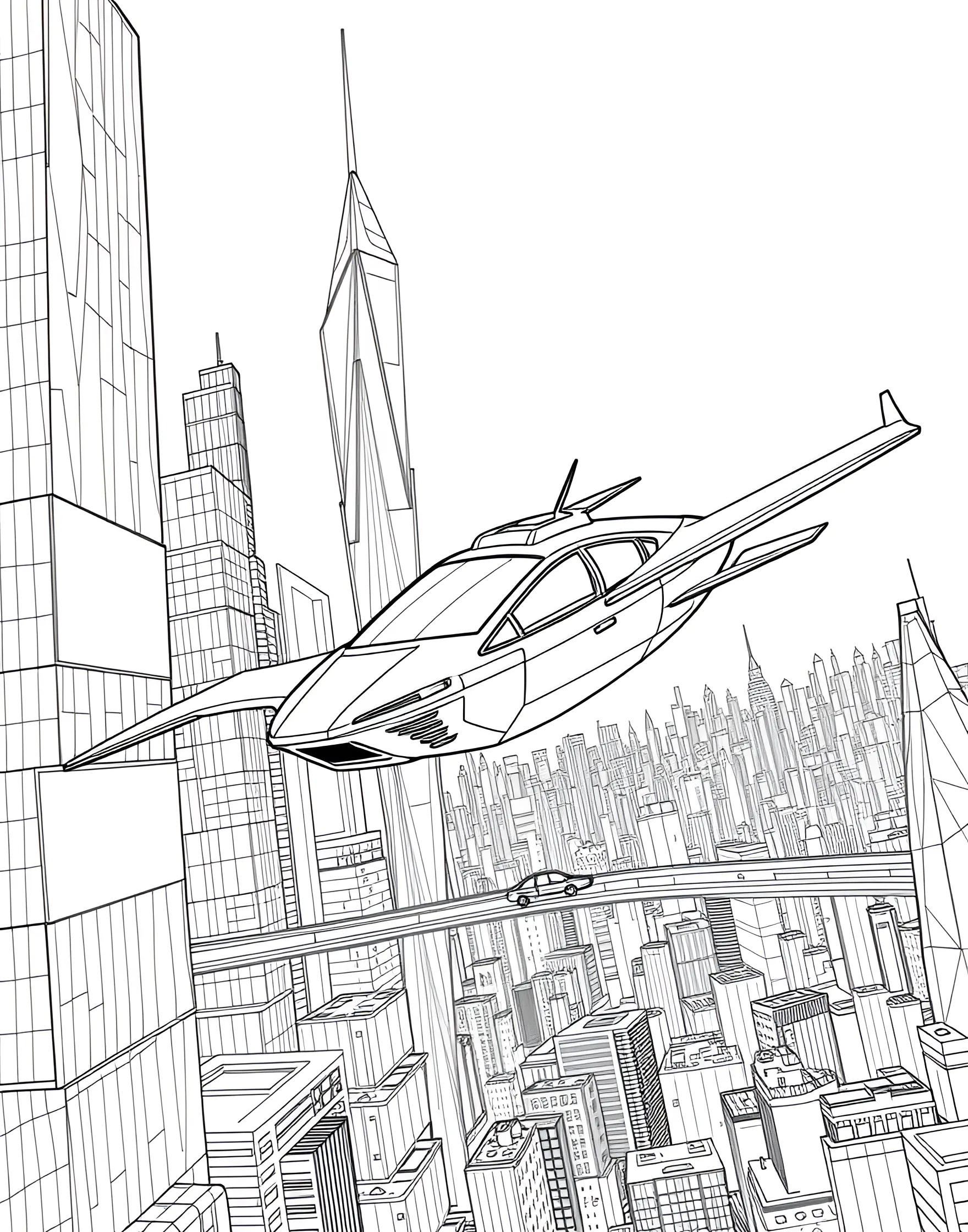 Futuristic Flying Taxi in a Sci-Fi City Coloring Page -- prompt: "A flying taxi cab maneuvering between futuristic skyscrapers in a sci-fi city with other flying vehicles visible." -- Soar into the future with this imaginative coloring page featuring a flying taxi in a high-tech cityscape. The airborne vehicle is shown navigating between towering skyscrapers and other flying vehicles. It's an exciting vision of future urban transportation for young visionaries.