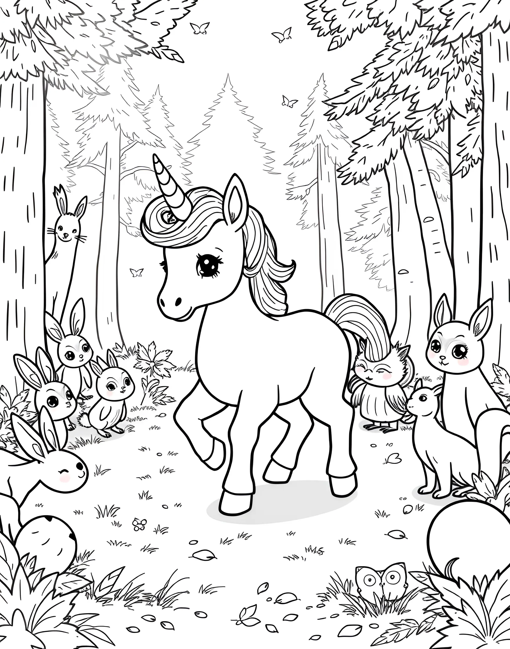 Baby Unicorn's First Steps Coloring Page -- prompt: "A baby unicorn taking its first steps in a forest clearing, surrounded by woodland animals watching." -- Capture a heartwarming moment with this adorable coloring page of a baby unicorn taking its first steps. The wobbly-legged foal is surrounded by encouraging woodland creatures, creating a scene of innocence and new beginnings. This page is perfect for those who love cute, endearing images.