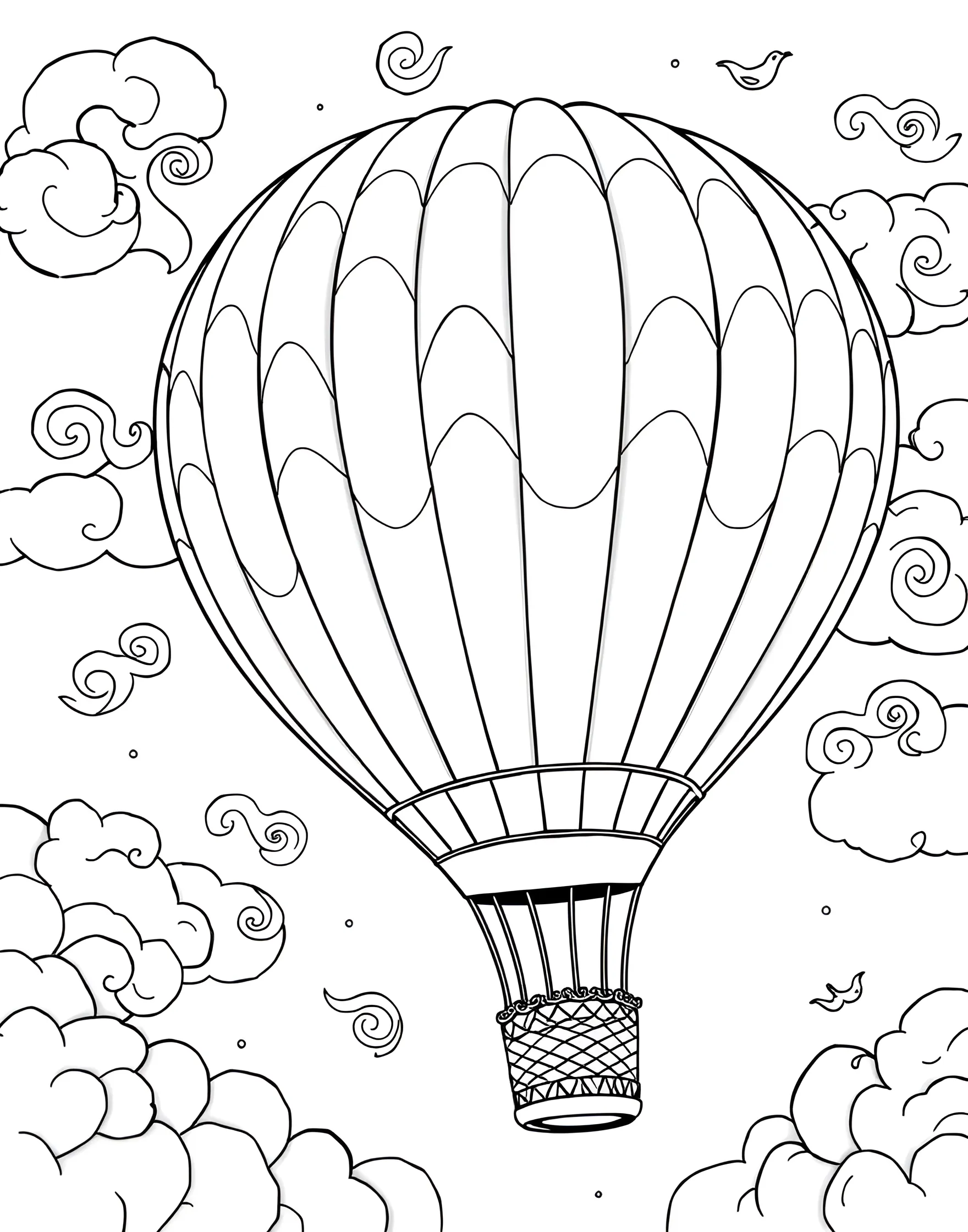 Rainbow Hot Air Balloon Coloring Page -- prompt: "A hot air balloon with vertical rainbow-colored stripes floating in a cloudy sky." -- Take to the skies with this charming rainbow-striped hot air balloon design. The balloon's panels provide a perfect canvas for rainbow colors. It's an excellent choice for those who enjoy travel-themed or transportation coloring pages.