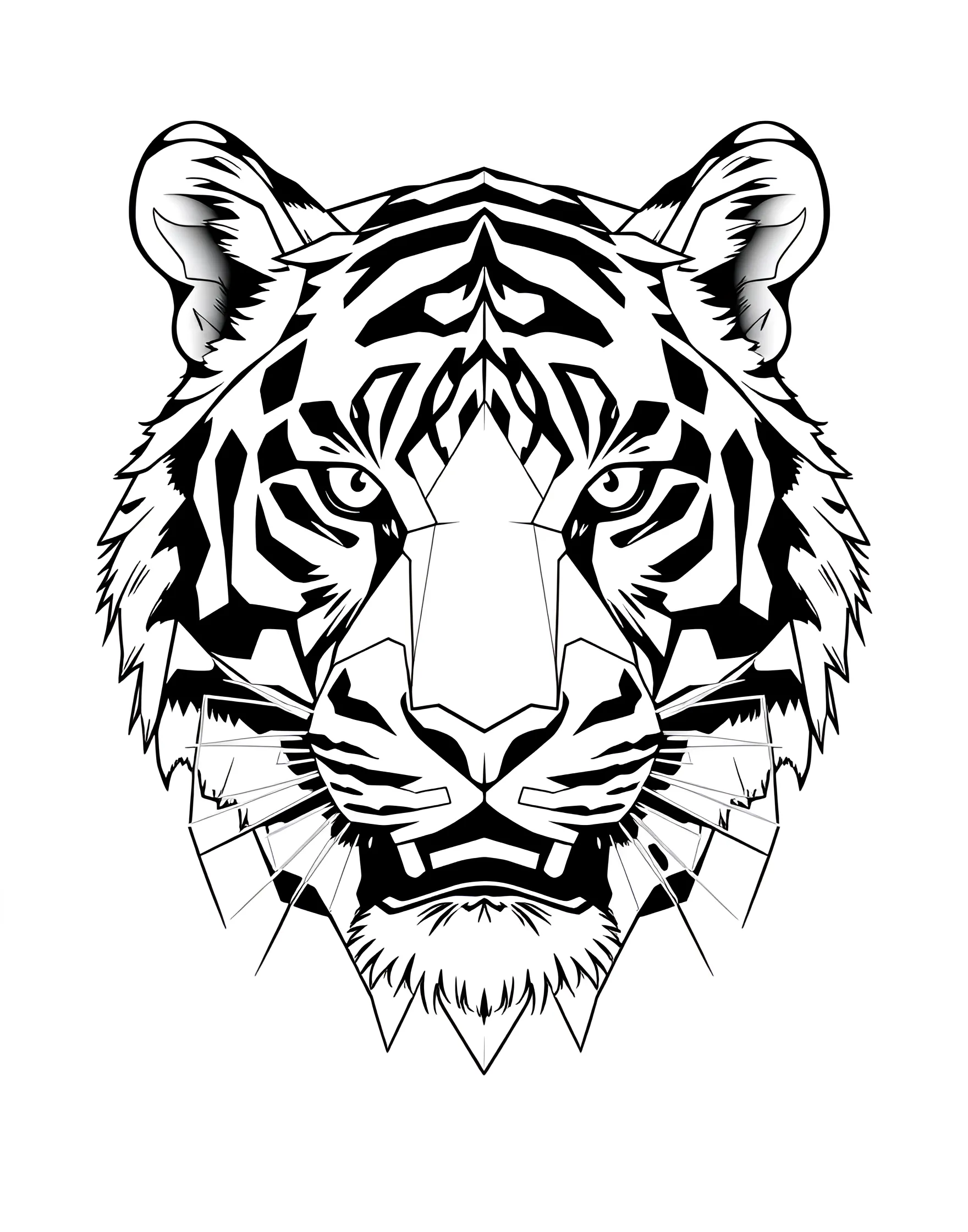 Geometric Tiger Face Coloring Page -- prompt: "A tiger's face made up of geometric shapes and lines." -- For a modern twist on tiger coloring pages, try this geometric design! The tiger's face is composed of various shapes and angles, creating a unique and stylized portrait. This page is ideal for those who enjoy contemporary art styles and patterns.