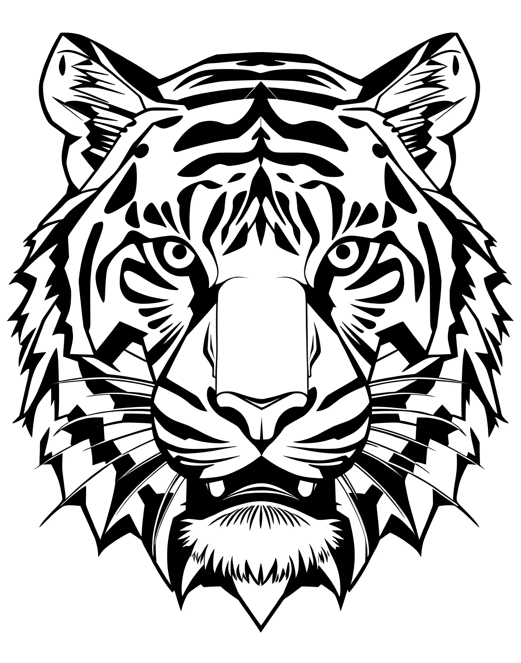 Geometric Tiger Face Coloring Page -- prompt: "A tiger's face made up of geometric shapes and lines." -- For a modern twist on tiger coloring pages, try this geometric design! The tiger's face is composed of various shapes and angles, creating a unique and stylized portrait. This page is ideal for those who enjoy contemporary art styles and patterns.